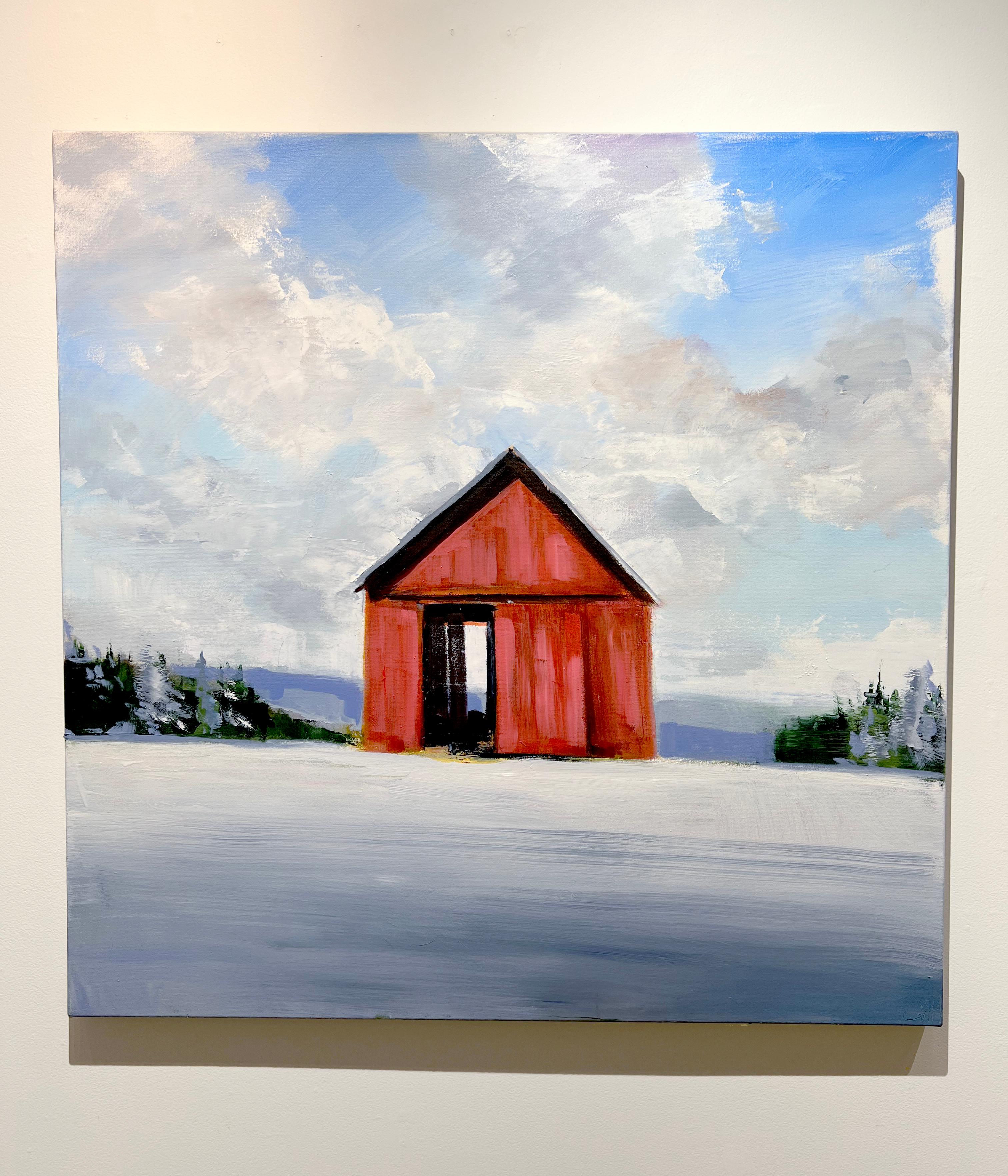 Craig Mooney, « Red Winter Barn », peinture à l'huile sur toile - paysage de neige, 46 x 46 cm en vente 1