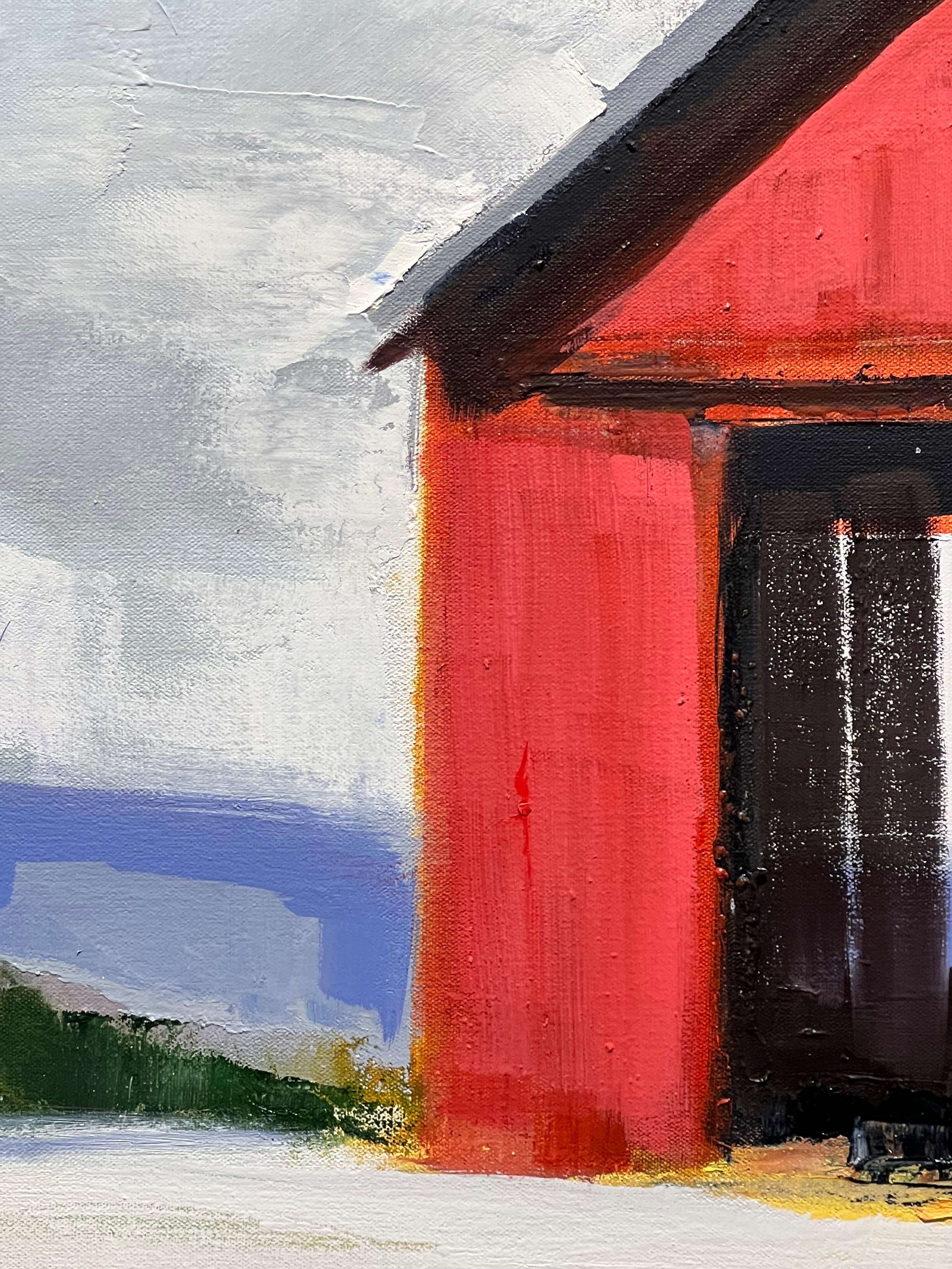 Craig Mooney, « Red Winter Barn », peinture à l'huile sur toile - paysage de neige, 46 x 46 cm en vente 4