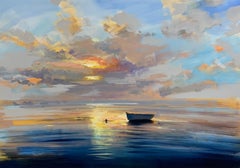 Craig Mooney, « Serene Sky », peinture à l'huile - paysage marin d'un bateau à voile en forme de dôme, 42 x 60, coucher de soleil 