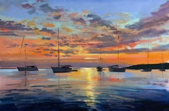 Craig Mooney, "Sky Aglow" 40x60 Sunset Sailboat Seascape Oil Painting on Canvas