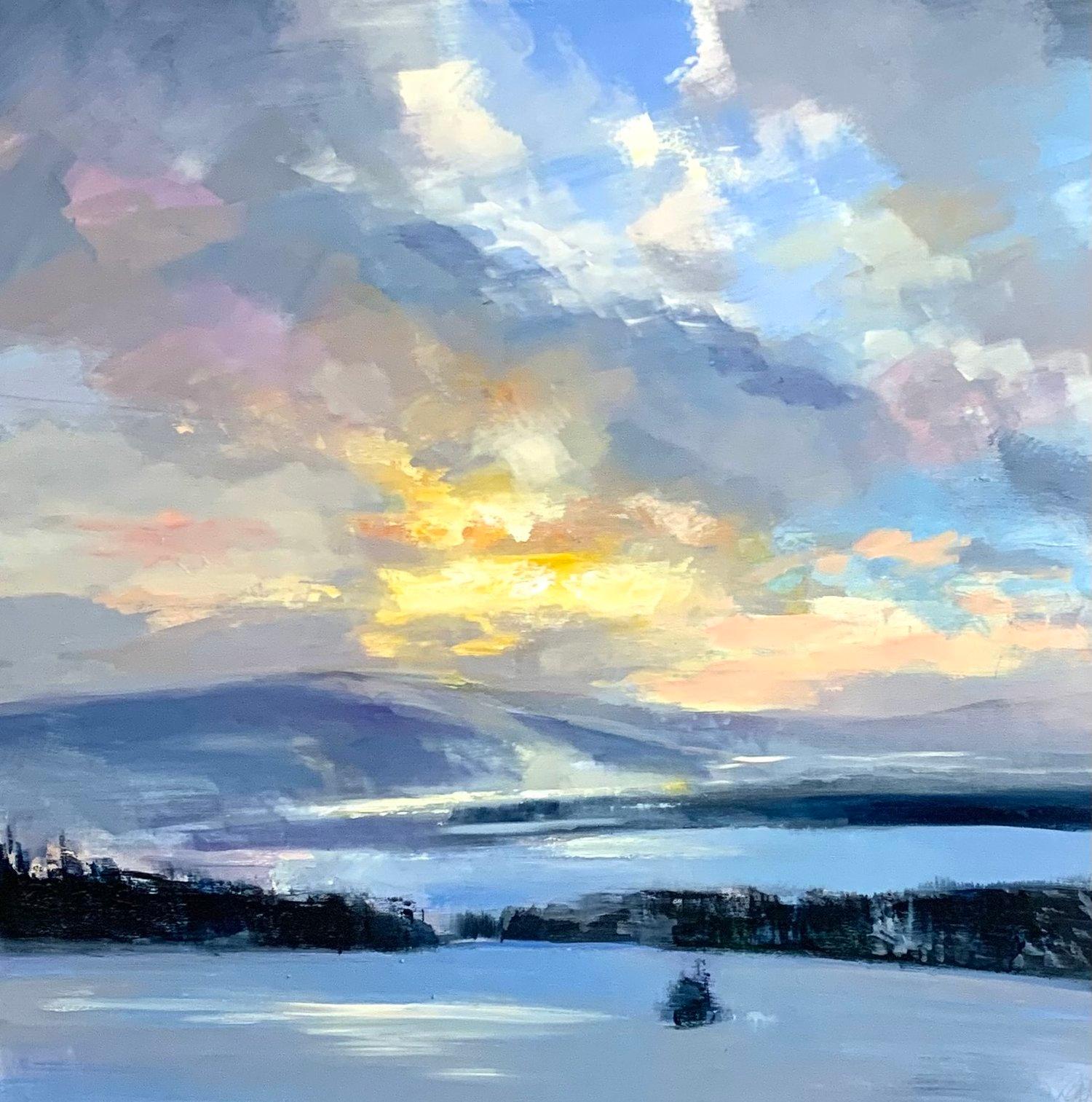 This piece, "Winter Hill", is a 42x42 winter landscape oil painting on canvas by artist Craig Mooney featuring a view of trees and fields below from on top a snowy mountainside slope. Sunset colors are visible through clouds while a sleepy town at