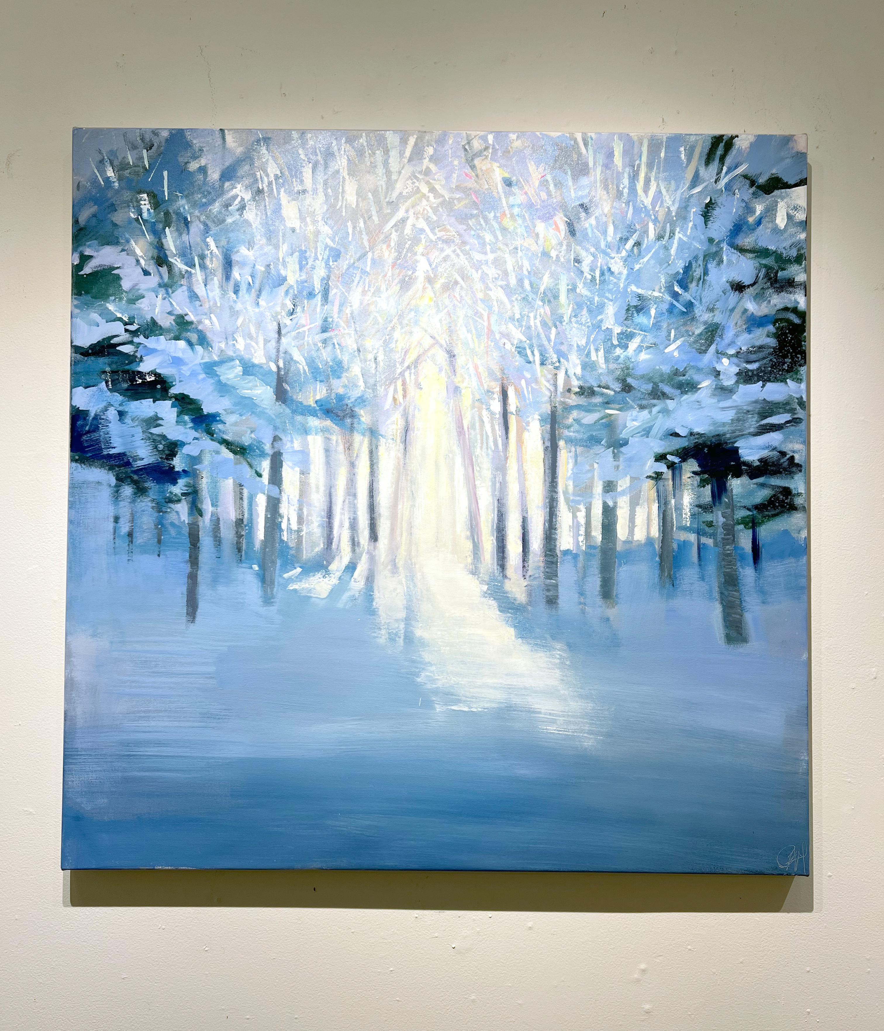 Craig Mooney, « Winter Path », peinture à l'huile - paysage d'arbre de neige bleu, 46 x 46 cm  en vente 1