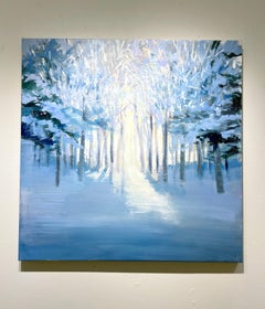 Craig Mooney, "Winter Path", 46x46 Blue Snowy Tree Landscape Oil Painting