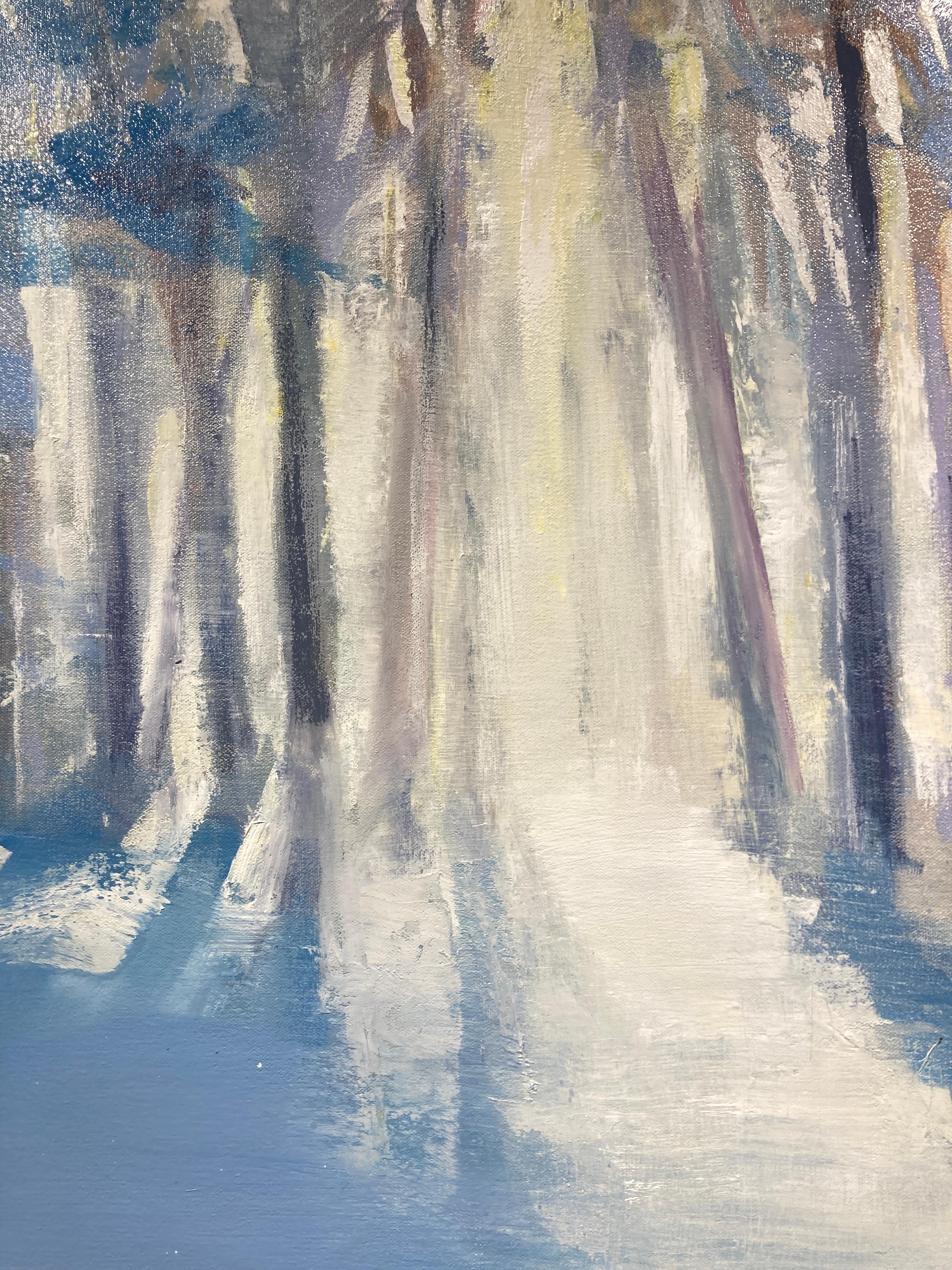 Craig Mooney, « Winter Path », peinture à l'huile - paysage d'arbre de neige bleu, 46 x 46 cm  en vente 5