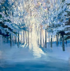 Craig Mooney, « Winter Path », peinture à l'huile - paysage d'arbre de neige bleu, 46 x 46 cm 
