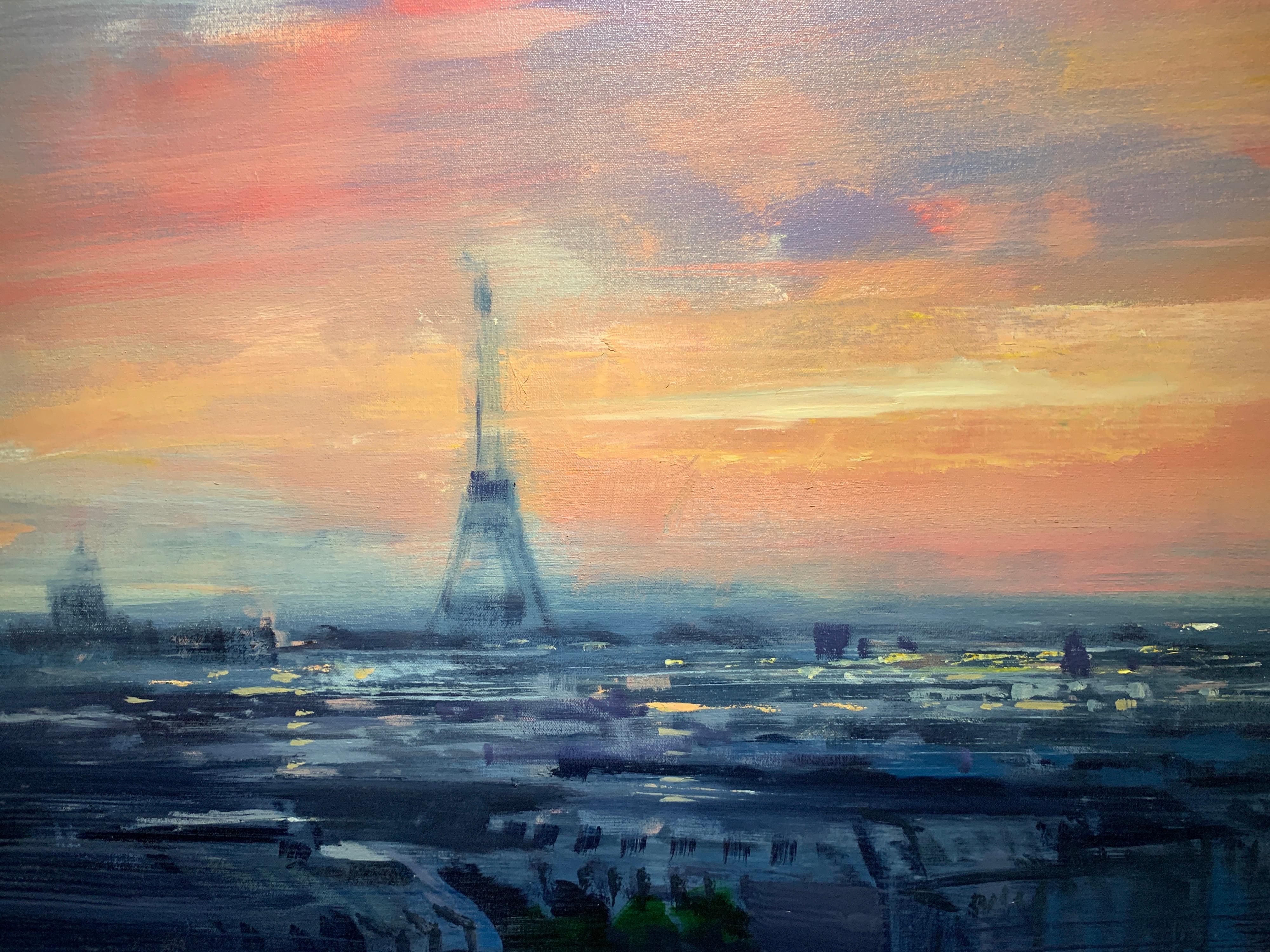 'Morning Light in Paris' is a large contemporary oil on canvas landscape painting created by American artist Craig Mooney in 2021. Featuring an exquisite palette mostly made of pink, blue and purple tones, accented with touches of orange, the