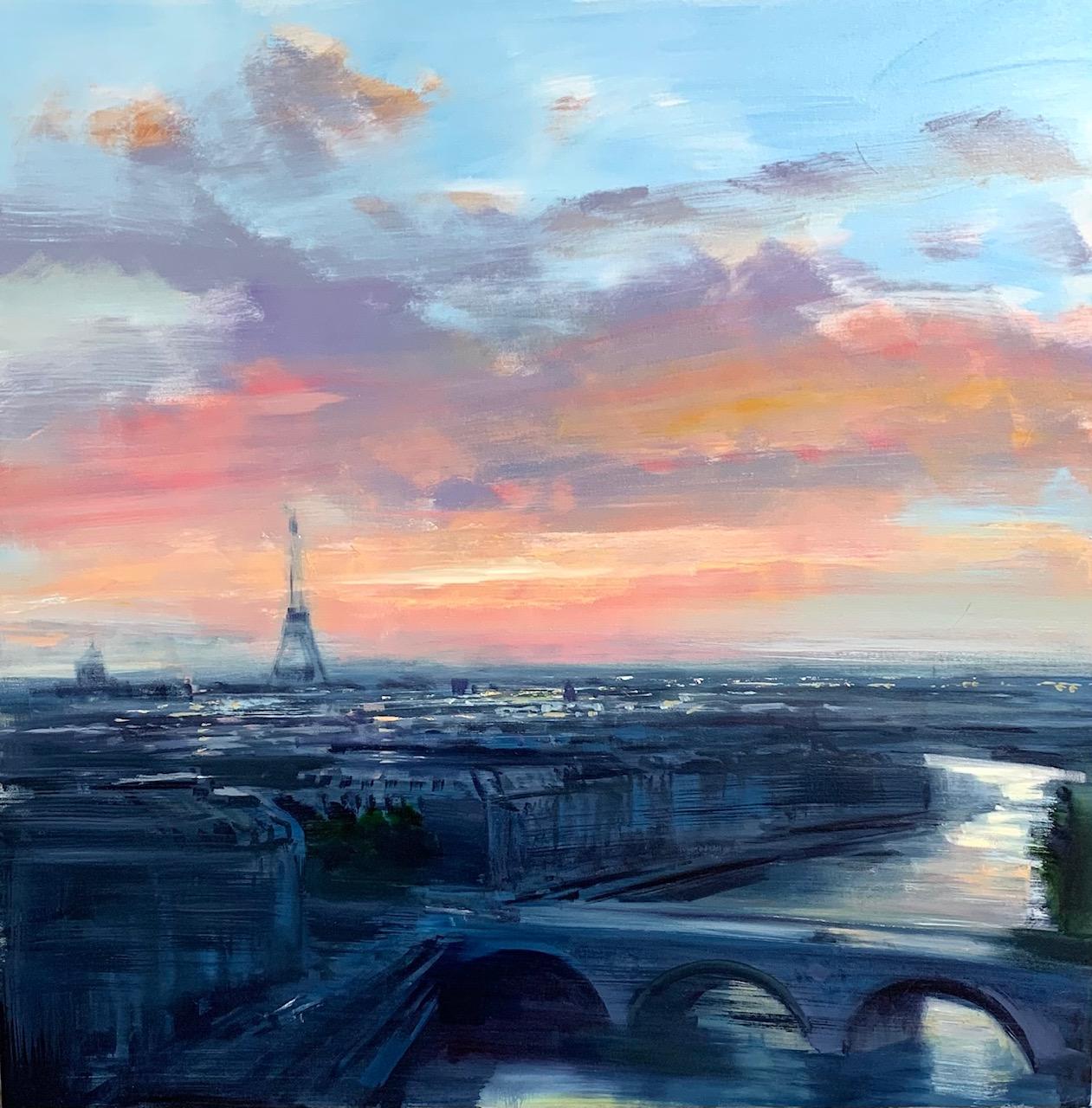 Craig Mooney Landscape Painting - Morning Light in Paris, Large Square Contemporary Cityscape Oil Painting