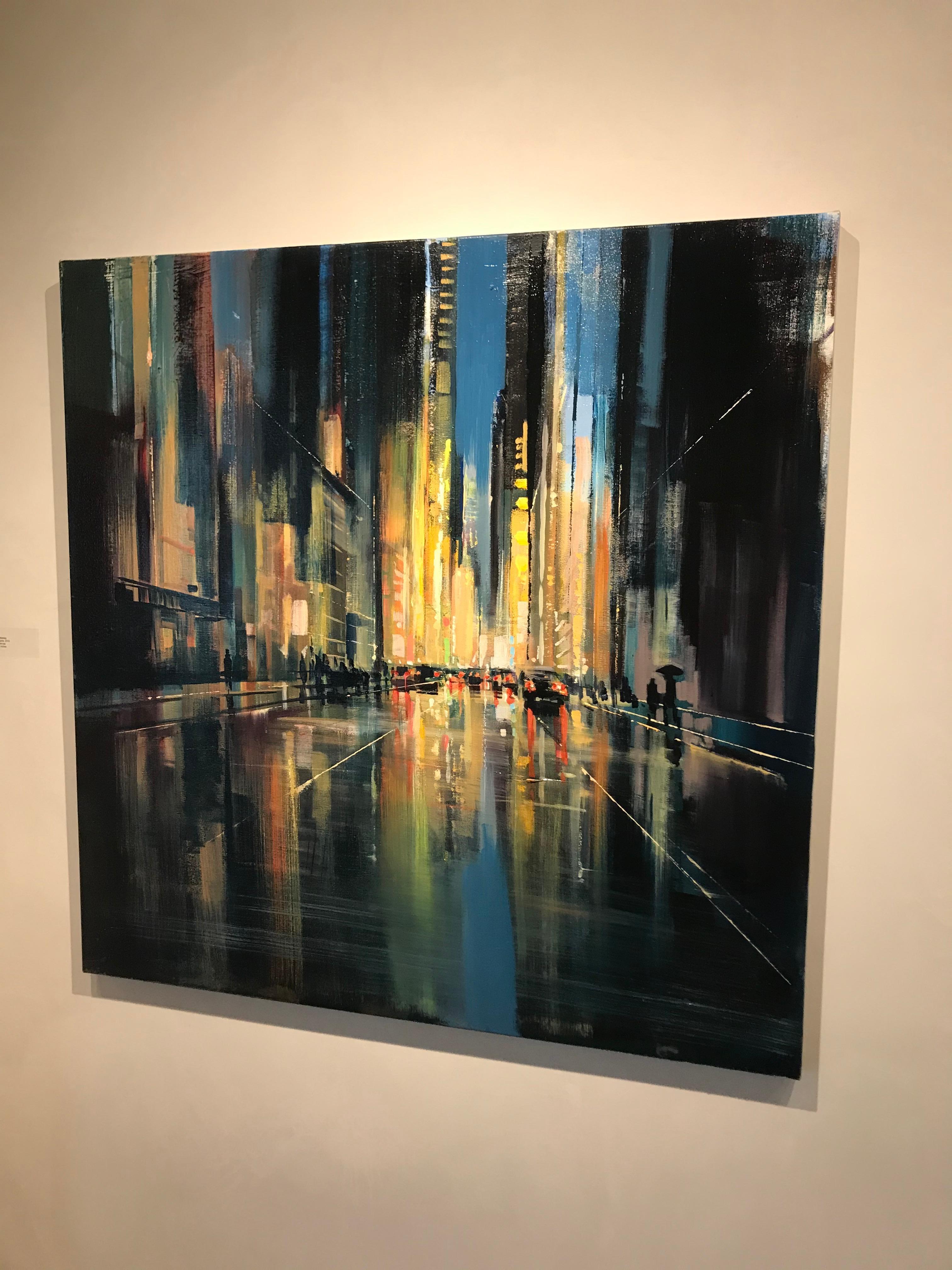 Night Lights- dark colored cityscape painting depicting the night - Painting by Craig Mooney