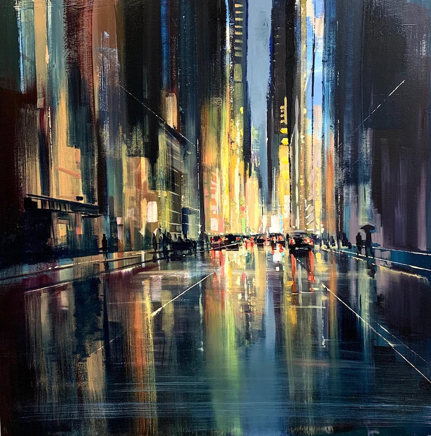 Craig Mooney Night Lights Dark Colored Cityscape Painting