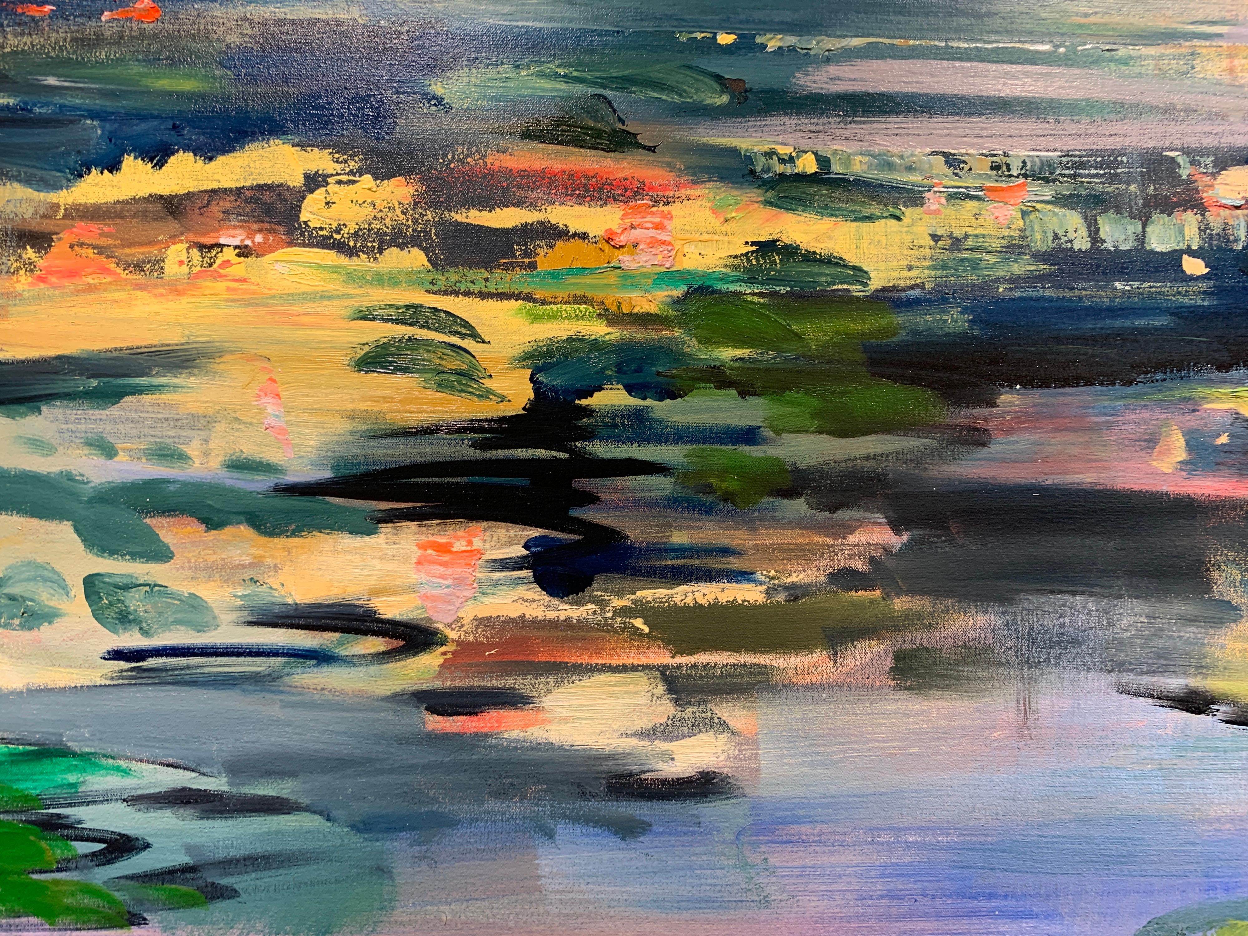 'Pond Reflections' is a large representational oil on canvas landscape painting created by American artist Craig Mooney in 2021. Featuring an exquisite palette mostly made of green, blue and cream tones, accented with touches of pink and purple, the