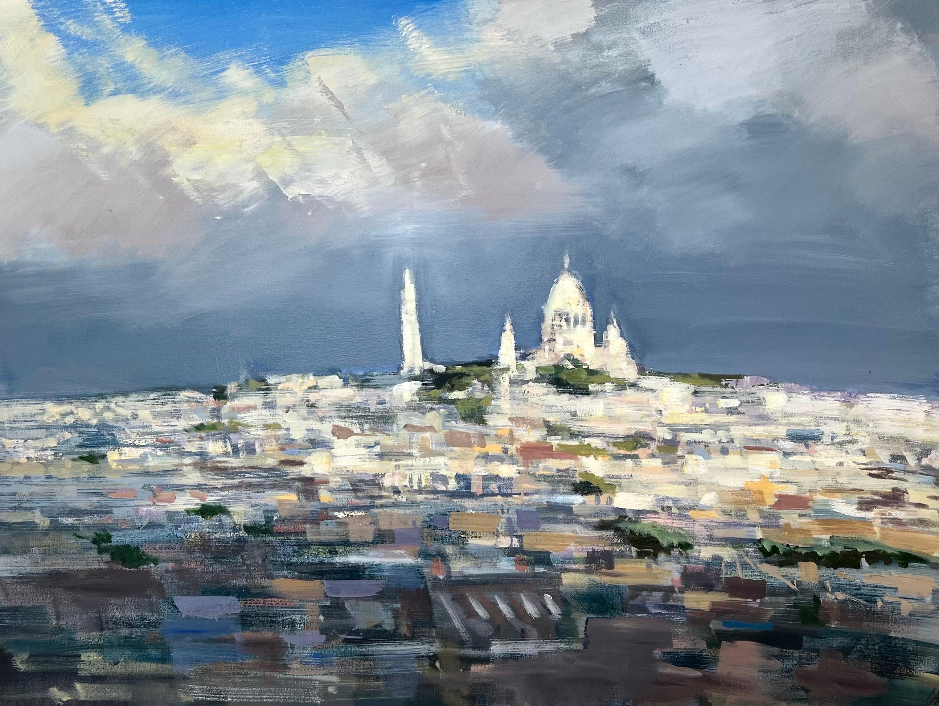 'Sacred Light (Sacre Coeur, Paris)' is a large horizontal representational oil on canvas painting of Sacre Coeur and Montmartre in Paris created by American artist Craig Mooney in 2022. Featuring an exquisite palette mostly made of French gray,