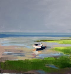 Seldom Scene von Craig Mooney, Große Contemporary-Landschaft mit Boot und Sumpf