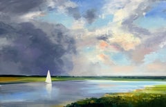 Silent Shore - quadro impressionista originale con paesaggio acquatico - arte contemporanea