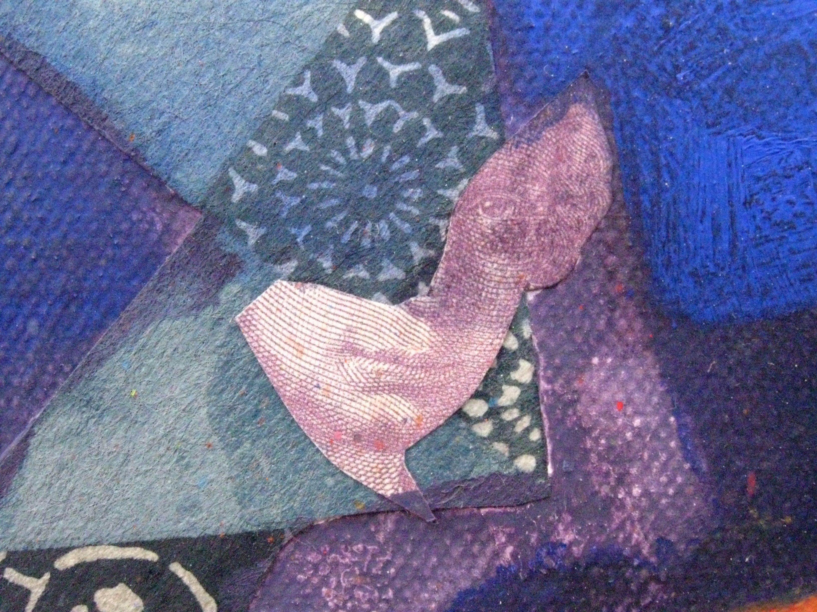I cut random shapes out of origami paper and patterned paper, and glued them at random onto the canvas. I then painted shapes around the pasted paper, borrowing images from previous drawings. What I love most about this collage painting is the