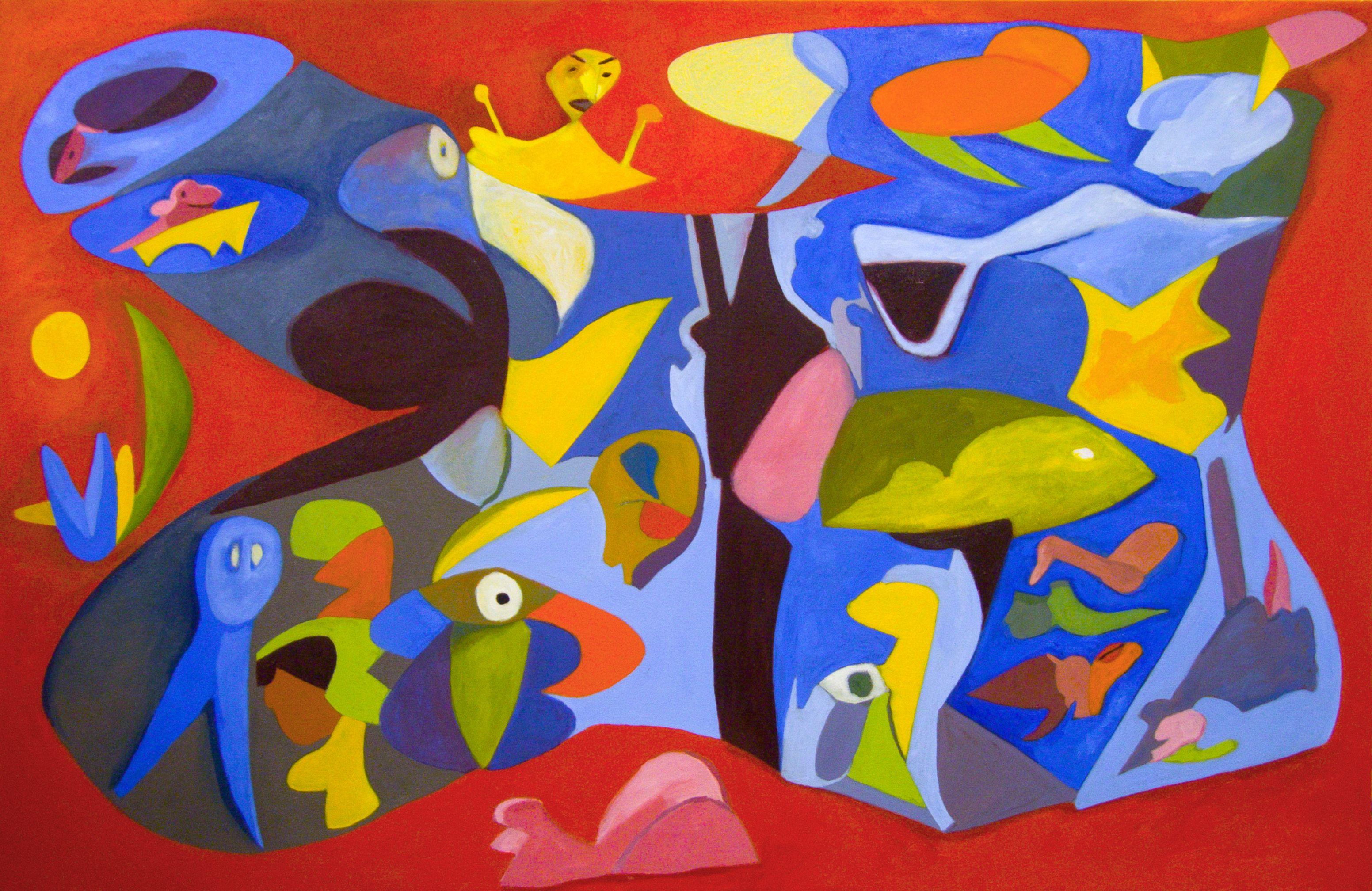 Vita rumorosa attraverso un'apertura comica, Pittura, Olio su tela - Painting di Craig Moran