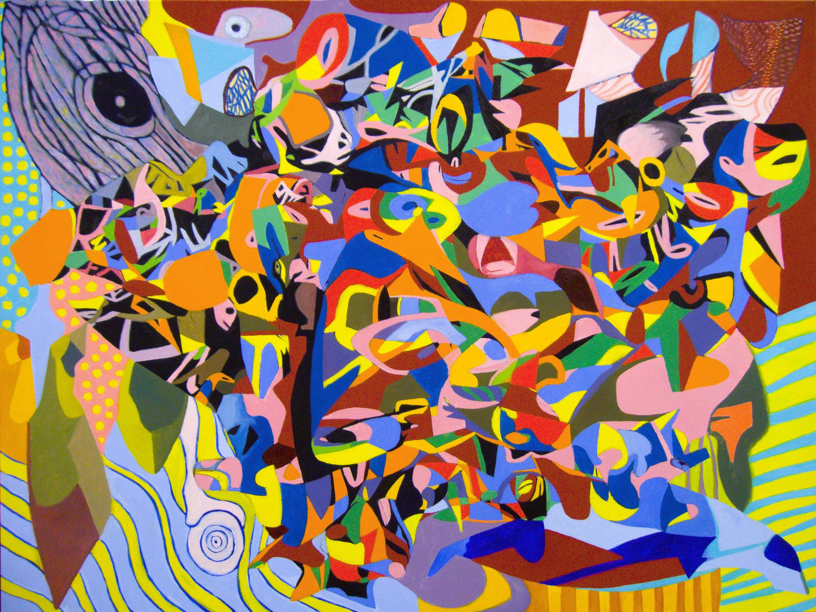 Abstract Painting di Craig Moran - Nuotare in una boccia per pesci illustri, Pittura, Olio su tela