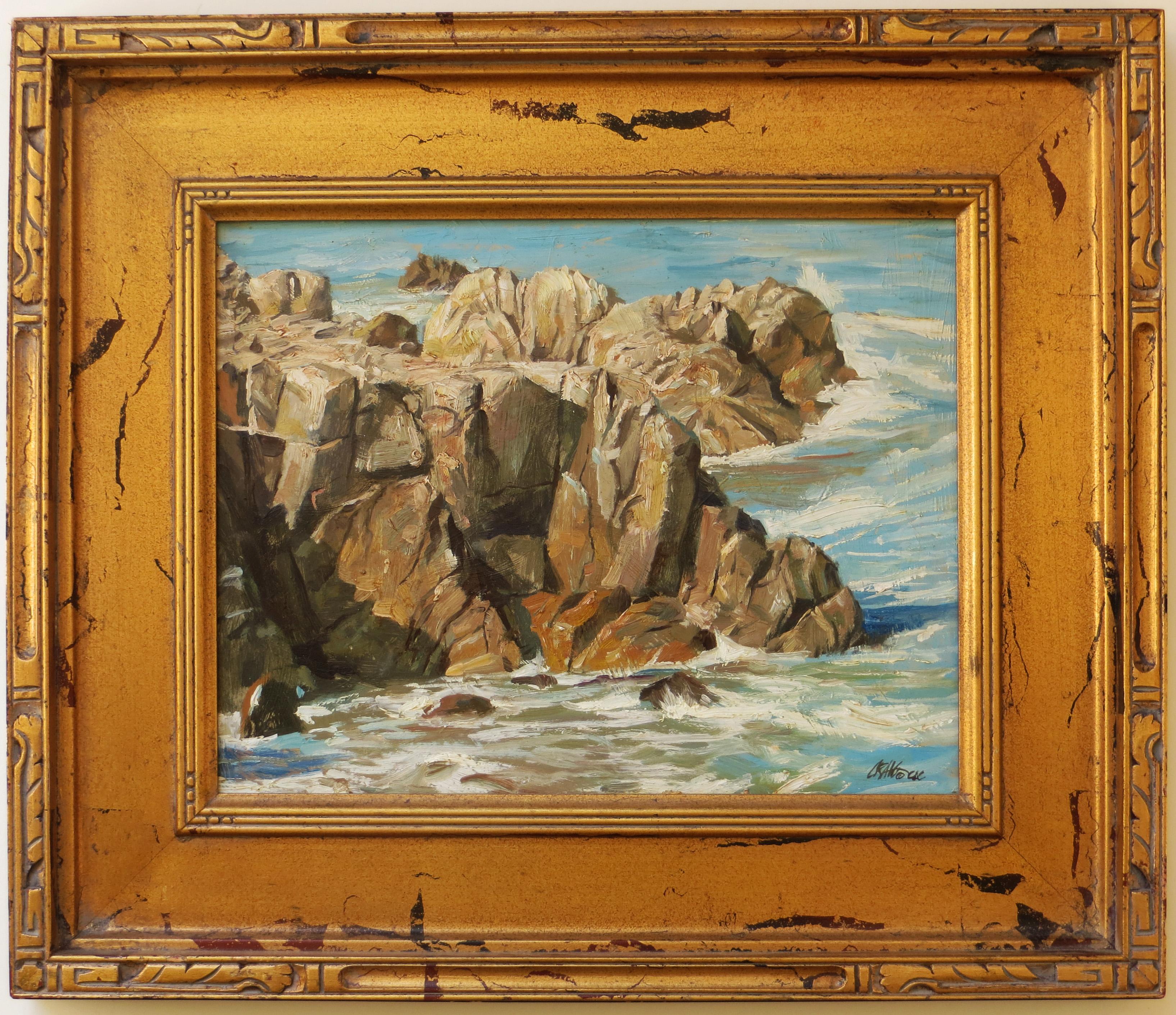 This oil painting by Craig Nelson is titled “Rocky Coast”. Nelson is a noted plein air painter; this work looks like it was done plein air because he has captured light and shadow of the scene so effectively. The painting measures 10.25 inches x