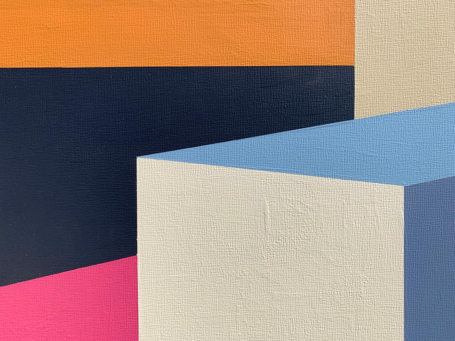 <p>Artist Comments<br>Artist Craig Rouse depicts a minimalist abstract scene expressed with a limited color-blocked palette of 14 colors. Part of his NAR series, meaning No Assembly Required. He bases it on a collection of stacked paper cubes