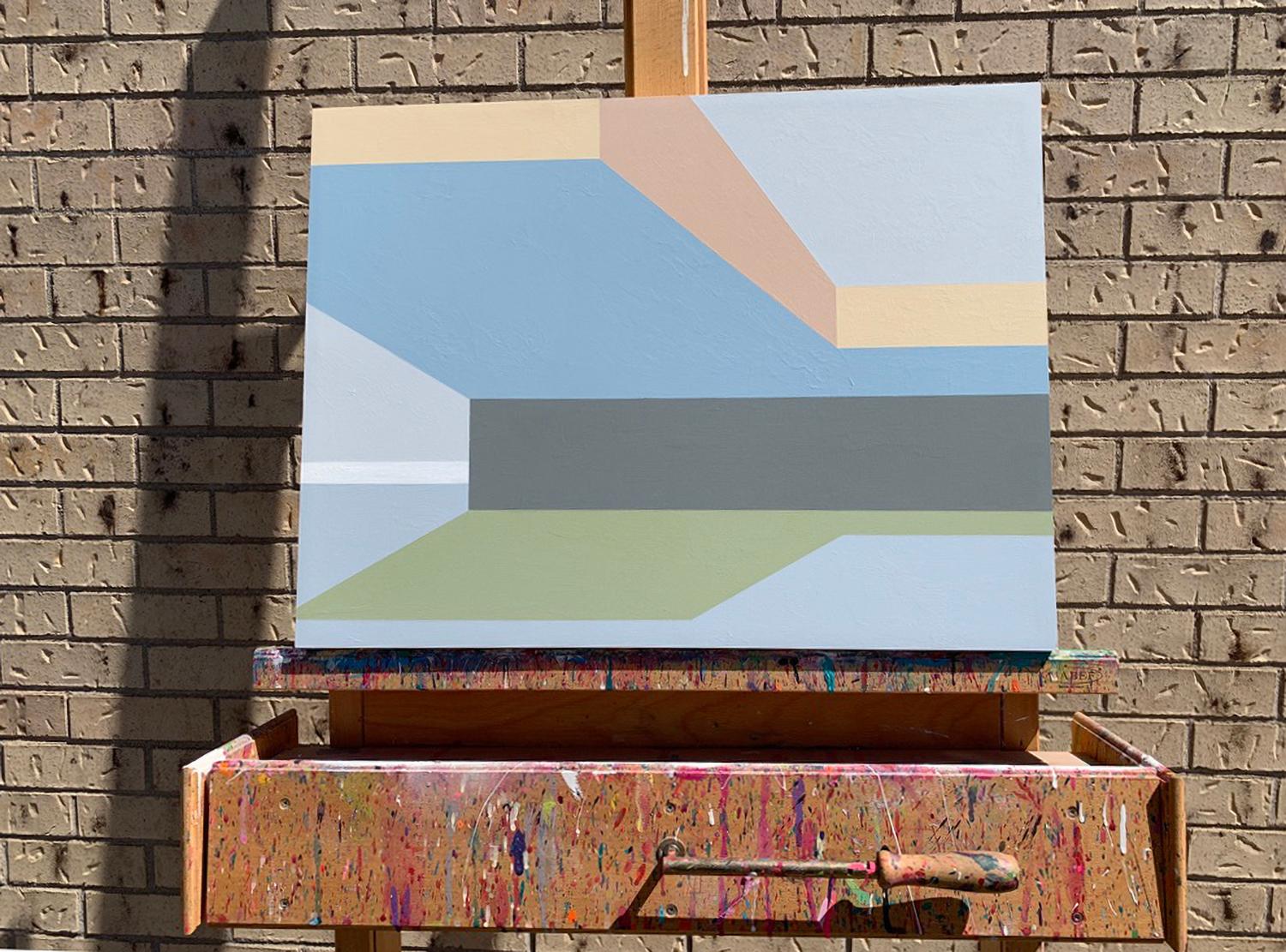 <p>Artist Comments<br>Artist Craig Rouse imagines an architectural abstract landscape in solid colors. He uses temperate shades of blue, gray, and peach to paint the geometric structures. Part of his hard-edge series of constructive environments he