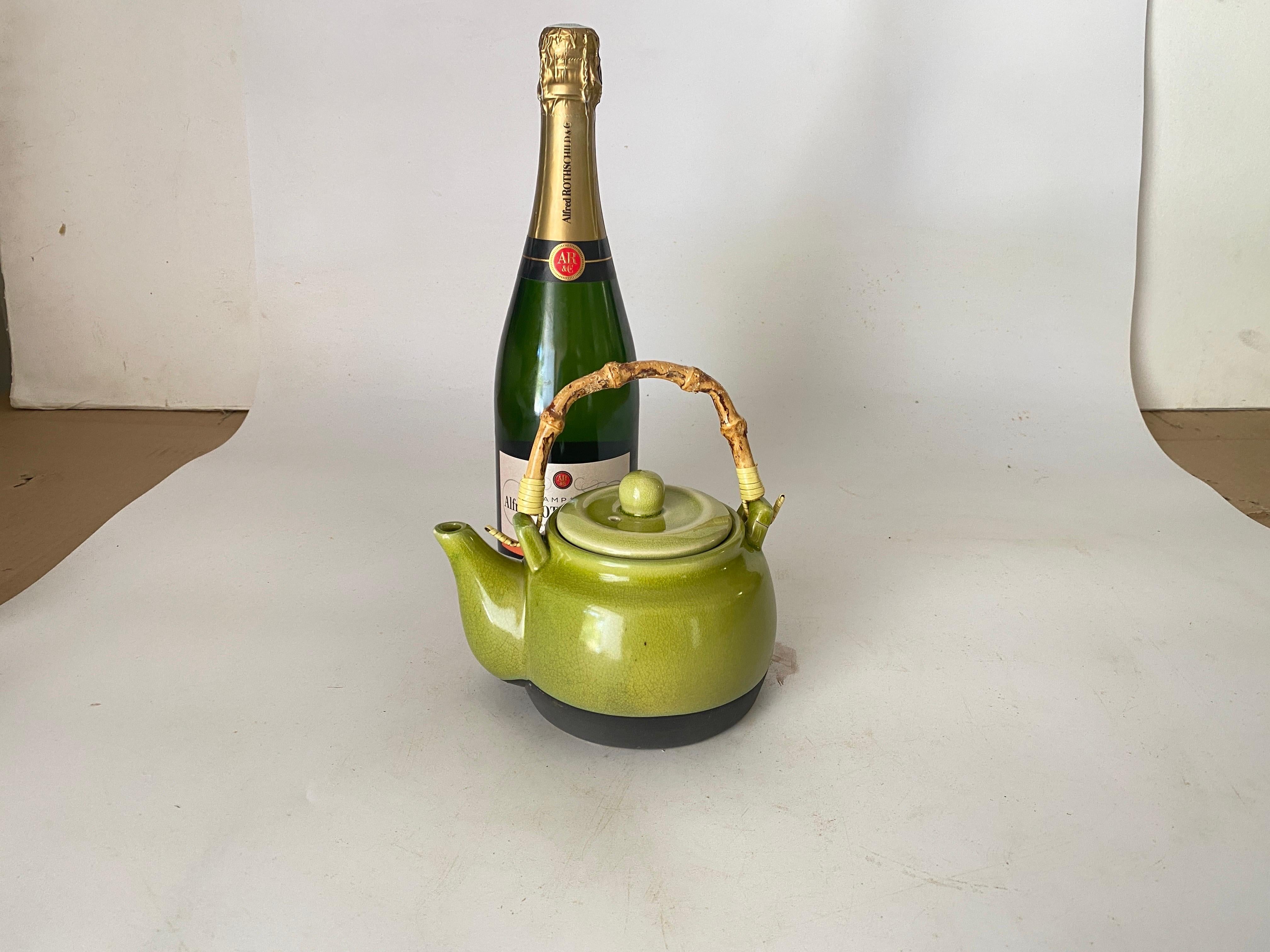 Crakeled Ceramic Tea Pot Attributed Green Color 20 th Century France For Sale 4