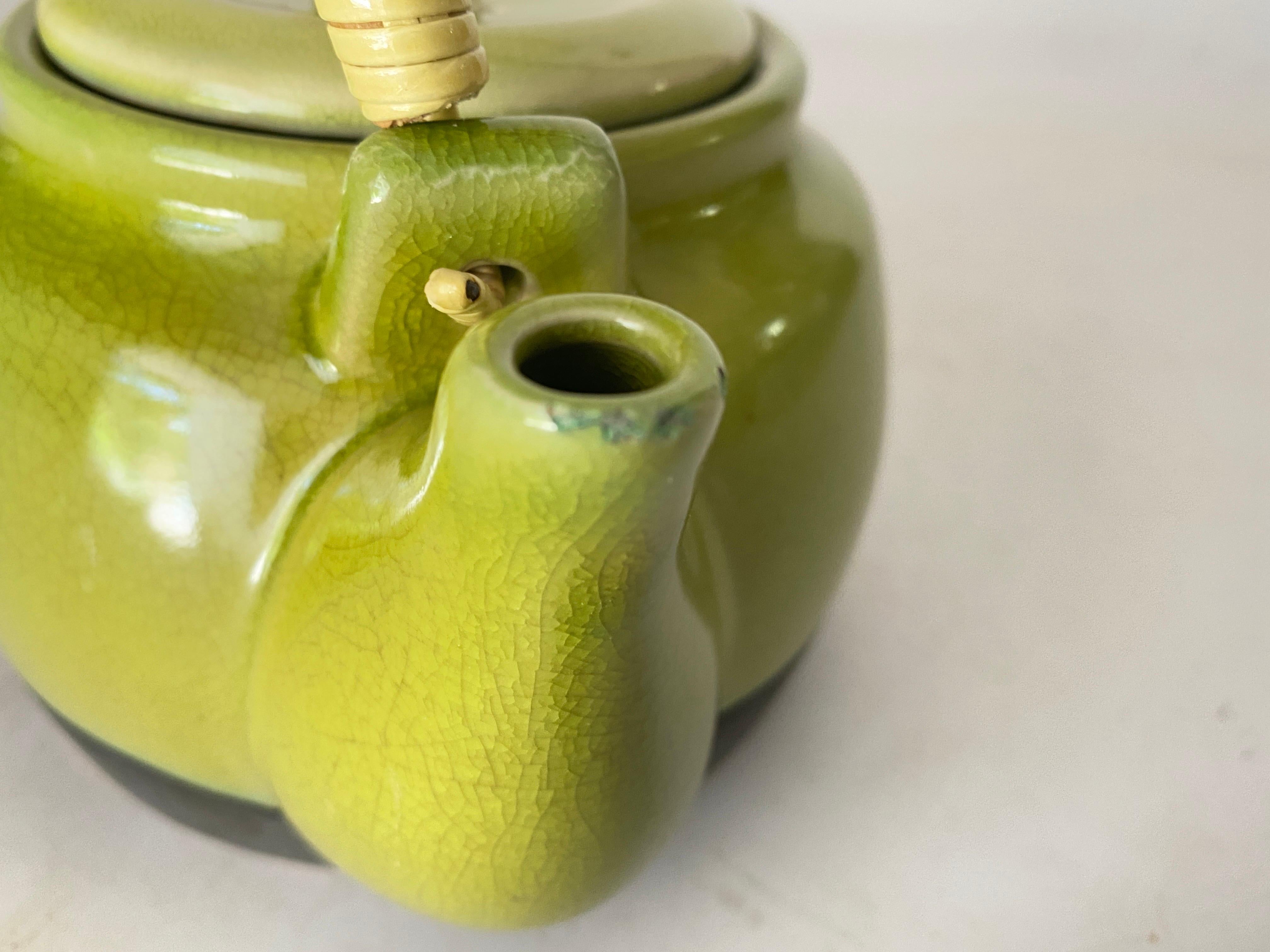 20th Century Crakeled Ceramic Tea Pot Attributed Green Color 20 th Century France For Sale