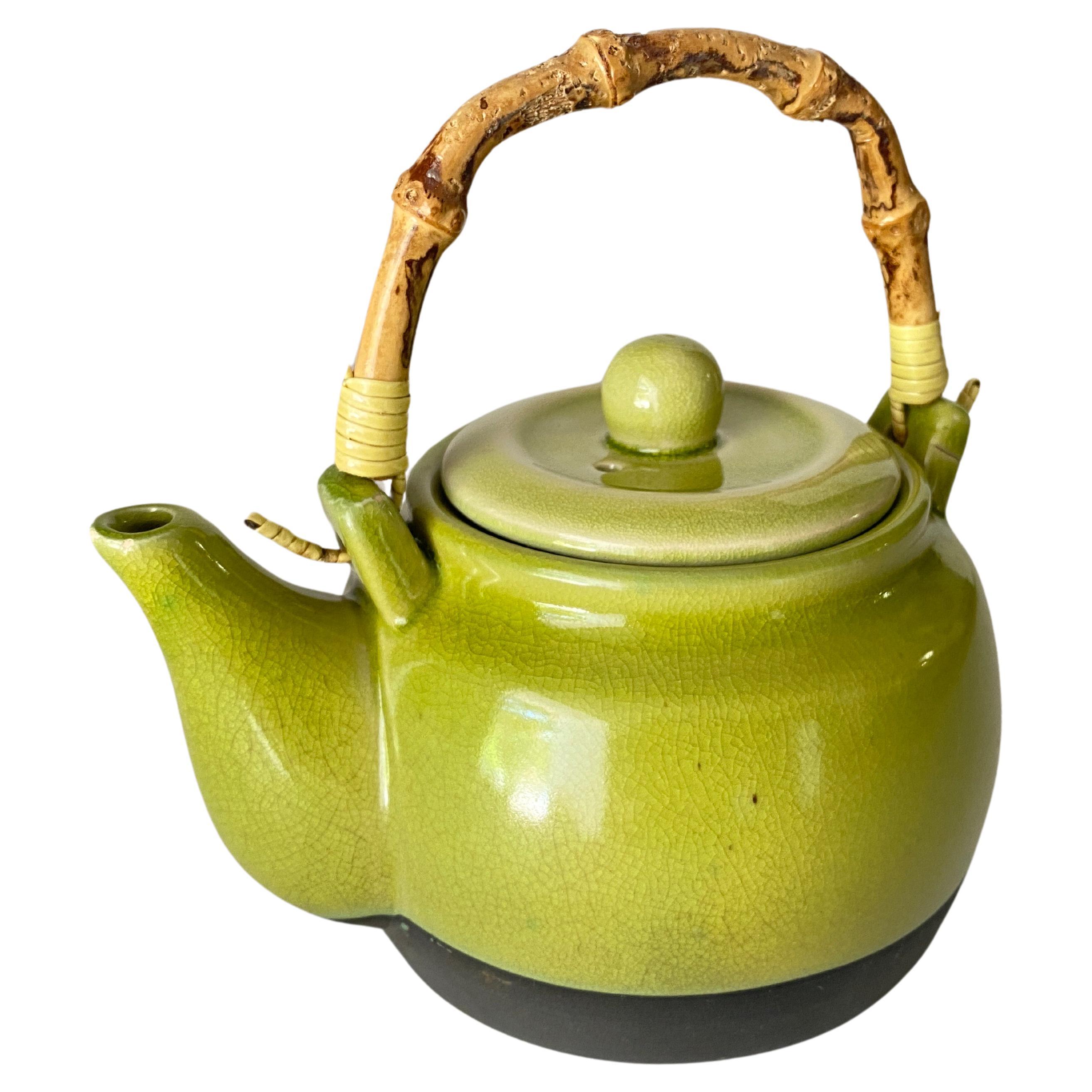 Crakeled Ceramic Tea Pot Attributed Green Color 20 th Century France For Sale