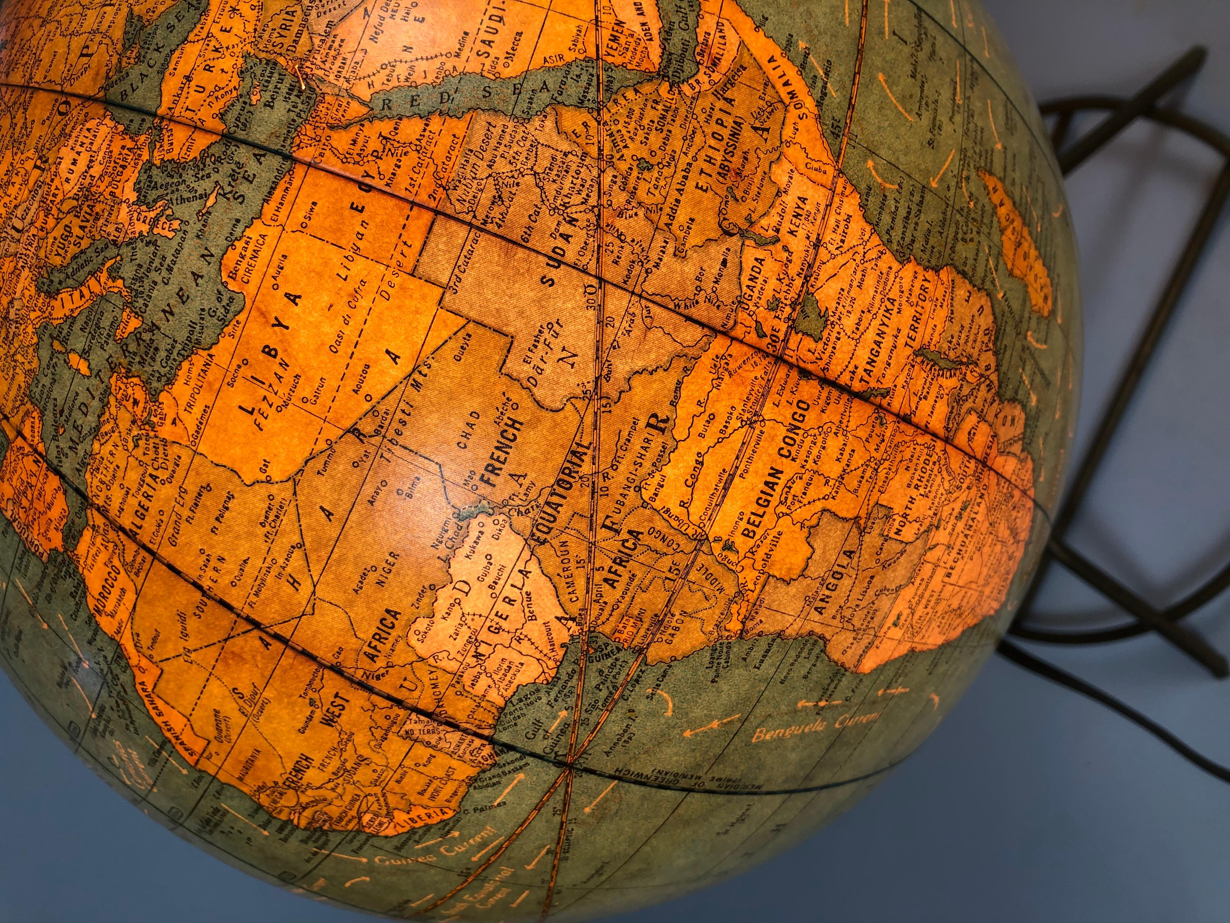Cram's Illuminated Light Up Glass Terrestrial Globe, circa 1950s 6