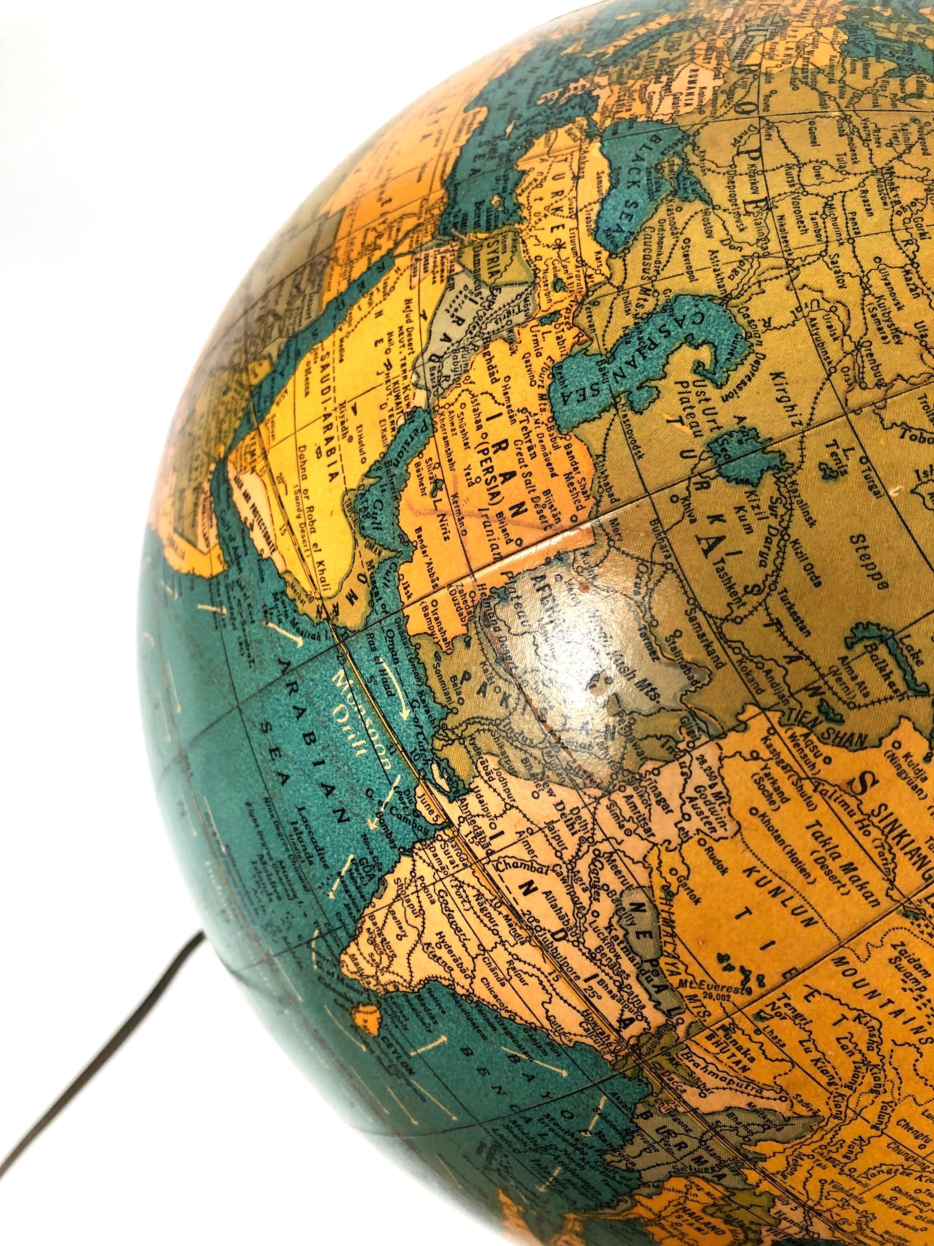Cram's Illuminated Light Up Glass Terrestrial Globe, circa 1950s 7