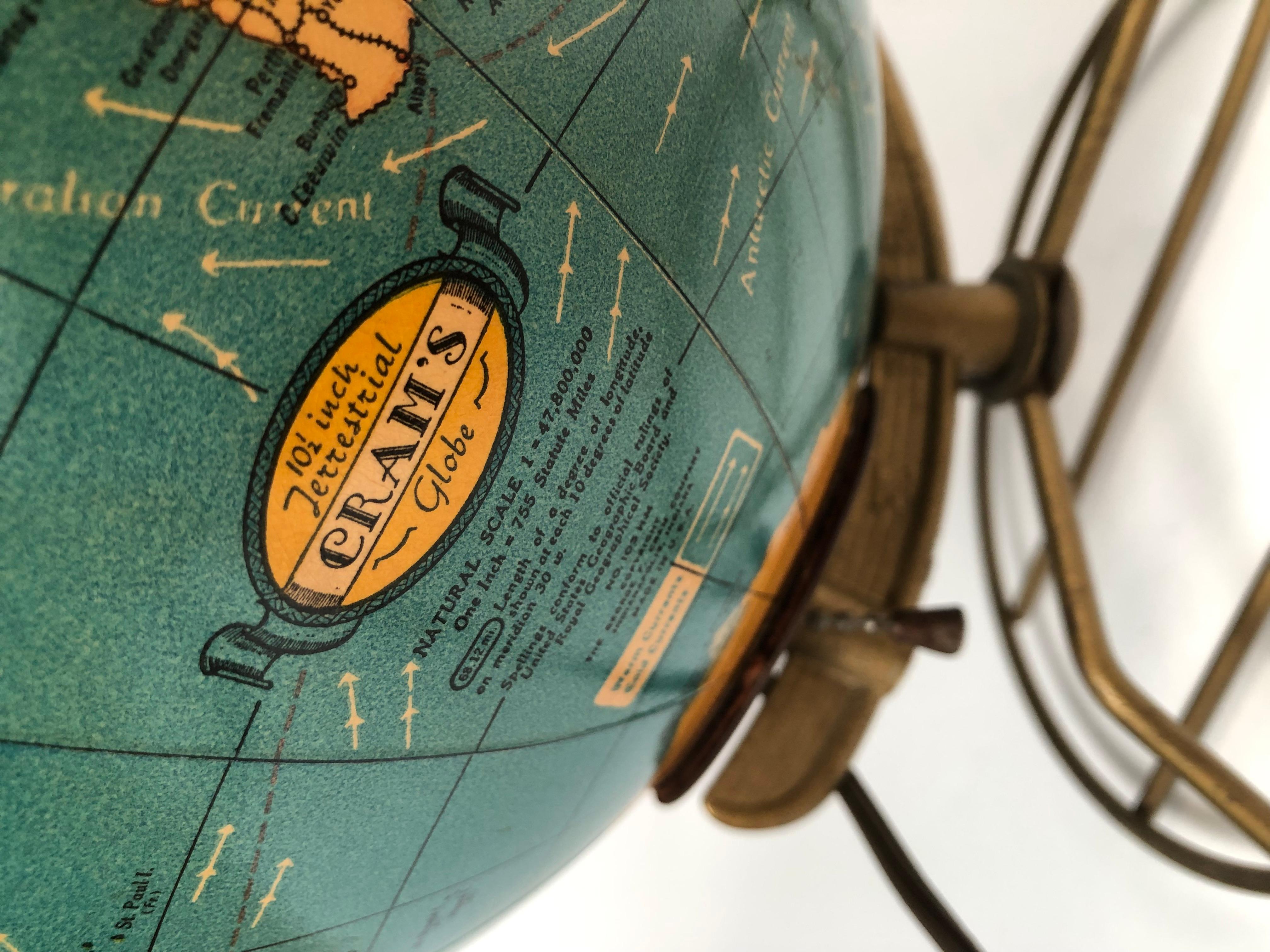 Mid-Century Modern Cram's Illuminated Light Up Glass Terrestrial Globe, circa 1950s