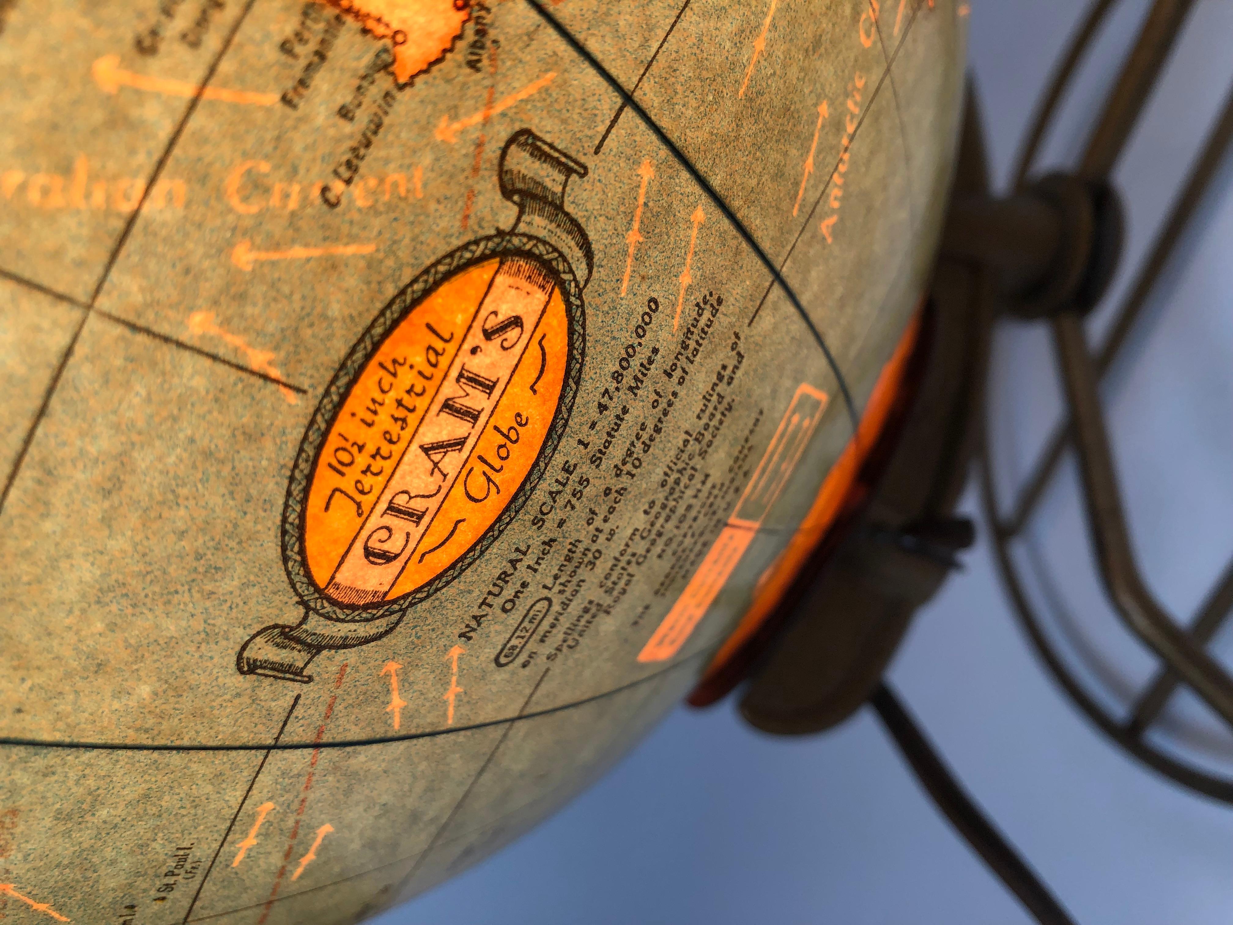 American Cram's Illuminated Light Up Glass Terrestrial Globe, circa 1950s