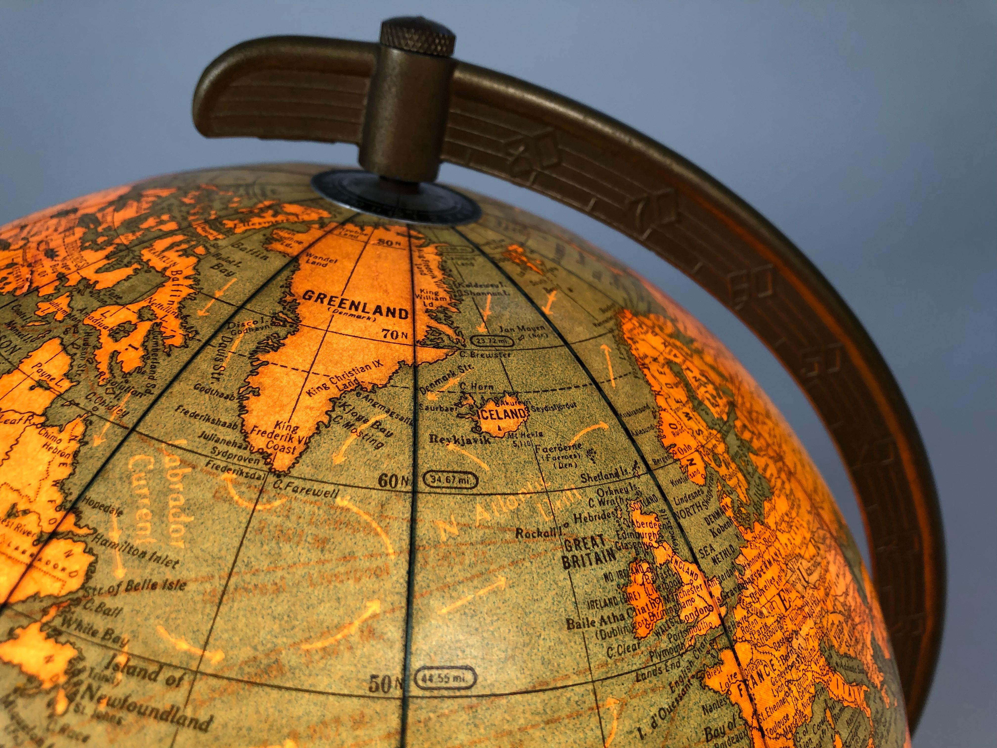 Cram's Illuminated Light Up Glass Terrestrial Globe, circa 1950s 1