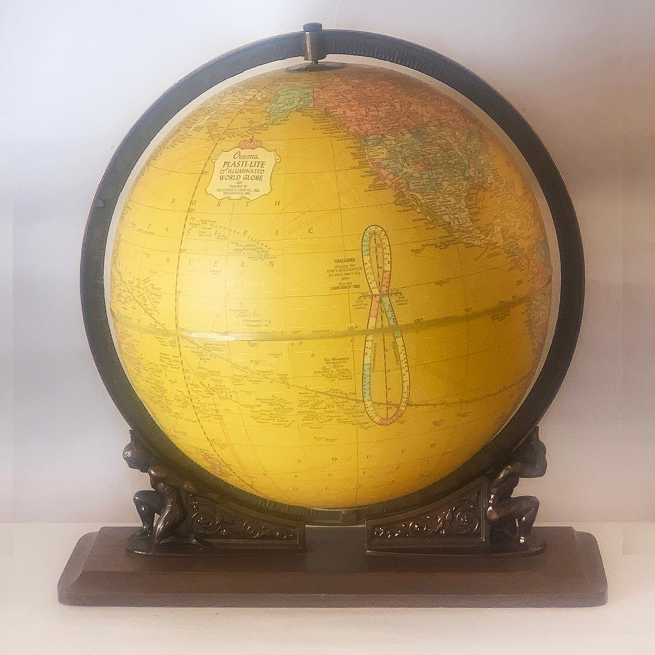Crams World Globe, internally Illuminated, Resting on Atlas’s shoulders. Midcentury, excellent condition, totally re-wired to Australian requirements, and no damage to mention. Slight aged patina, and at the “North Pole”, there is the 24 hour,