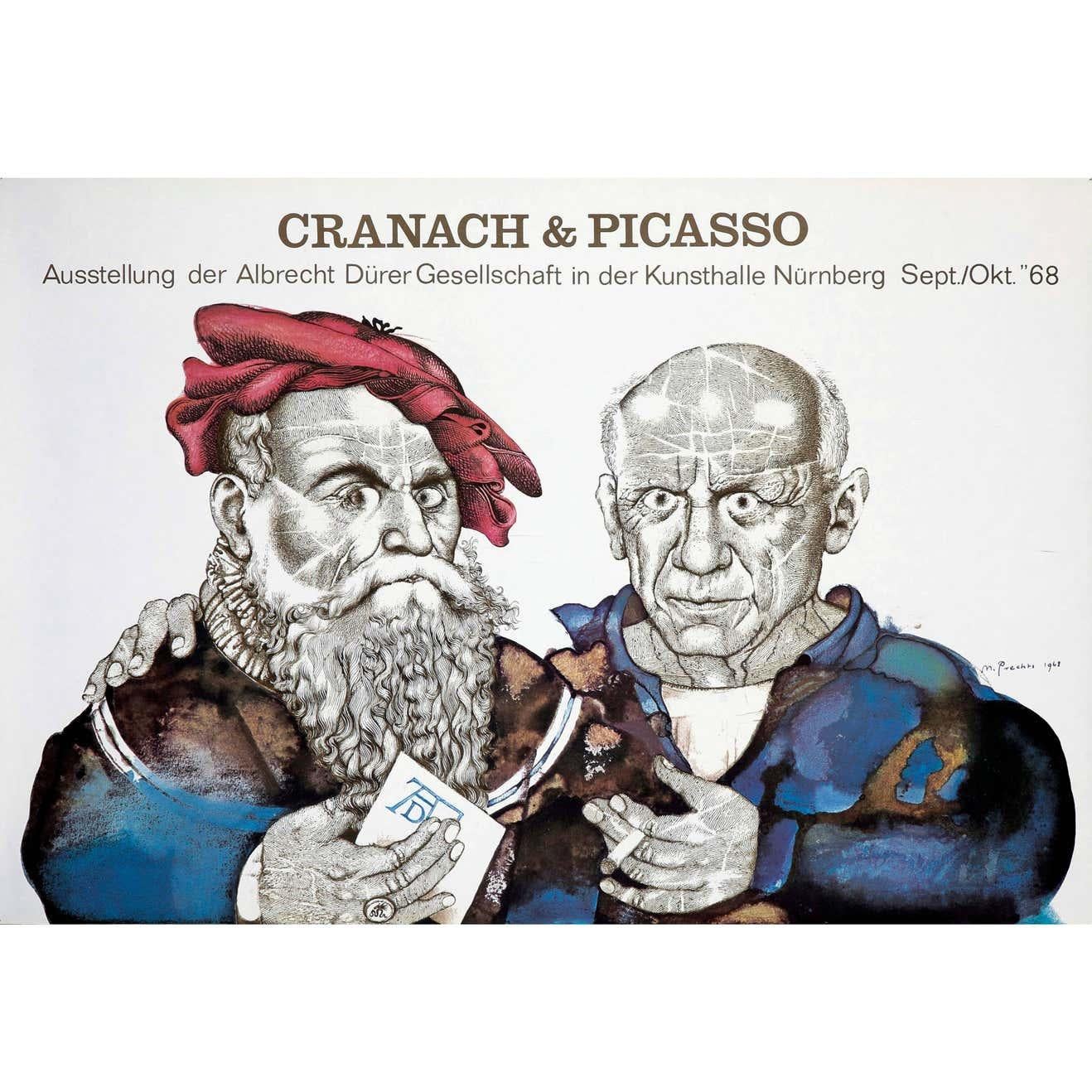 Michael Mathias Prechtl, Cranach and Picasso, 1968
Vintage exhibition poster for Cranach and Picasso at the Albrect Durer Society in Nurnberg, 1968. This print was designed by Michael Mathias Prechtl and depicts artists Lucas the Elder Cranach