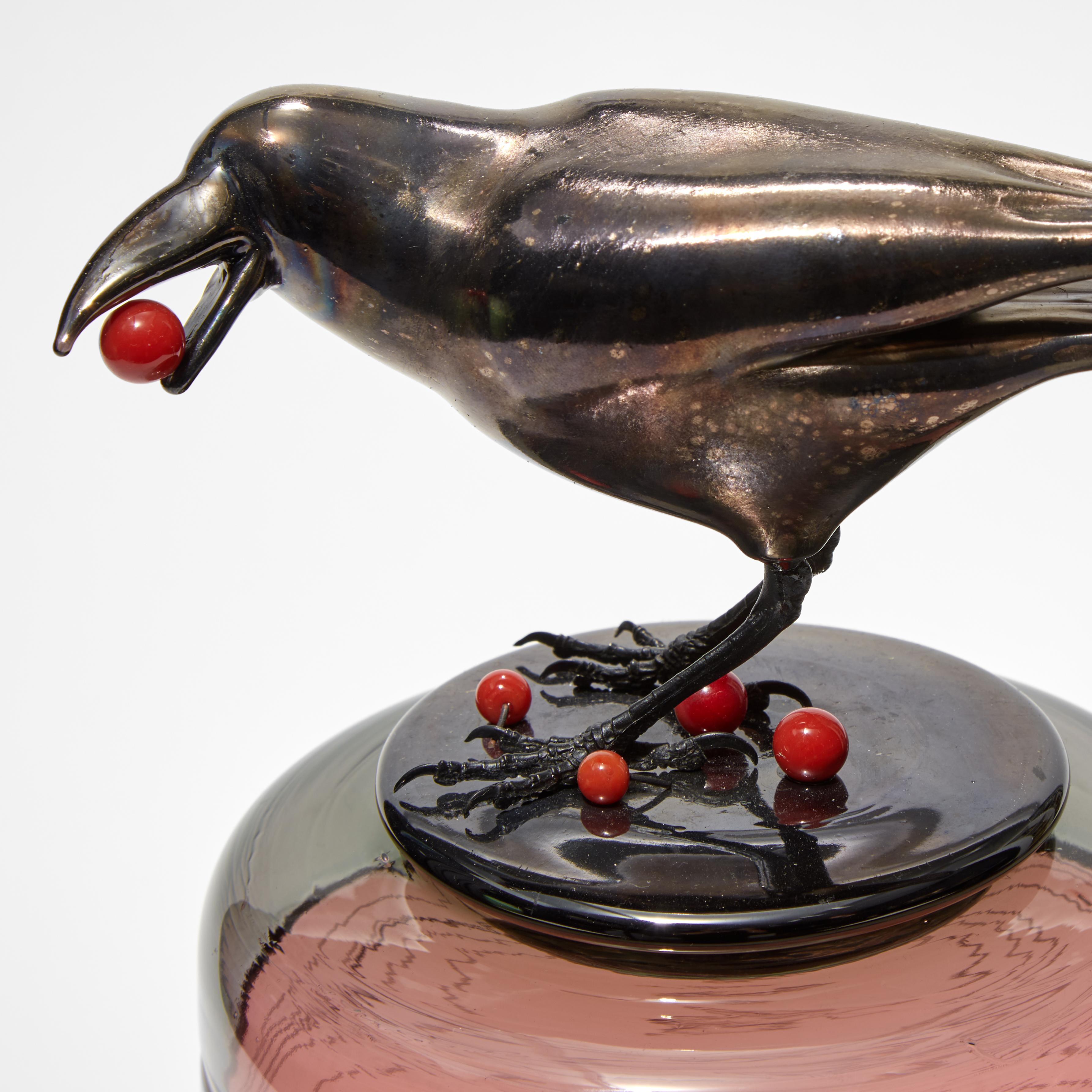 Organic Modern Cranberries II, a Peach Glass Sculptural Vase with Black Crow by Julie Johnson