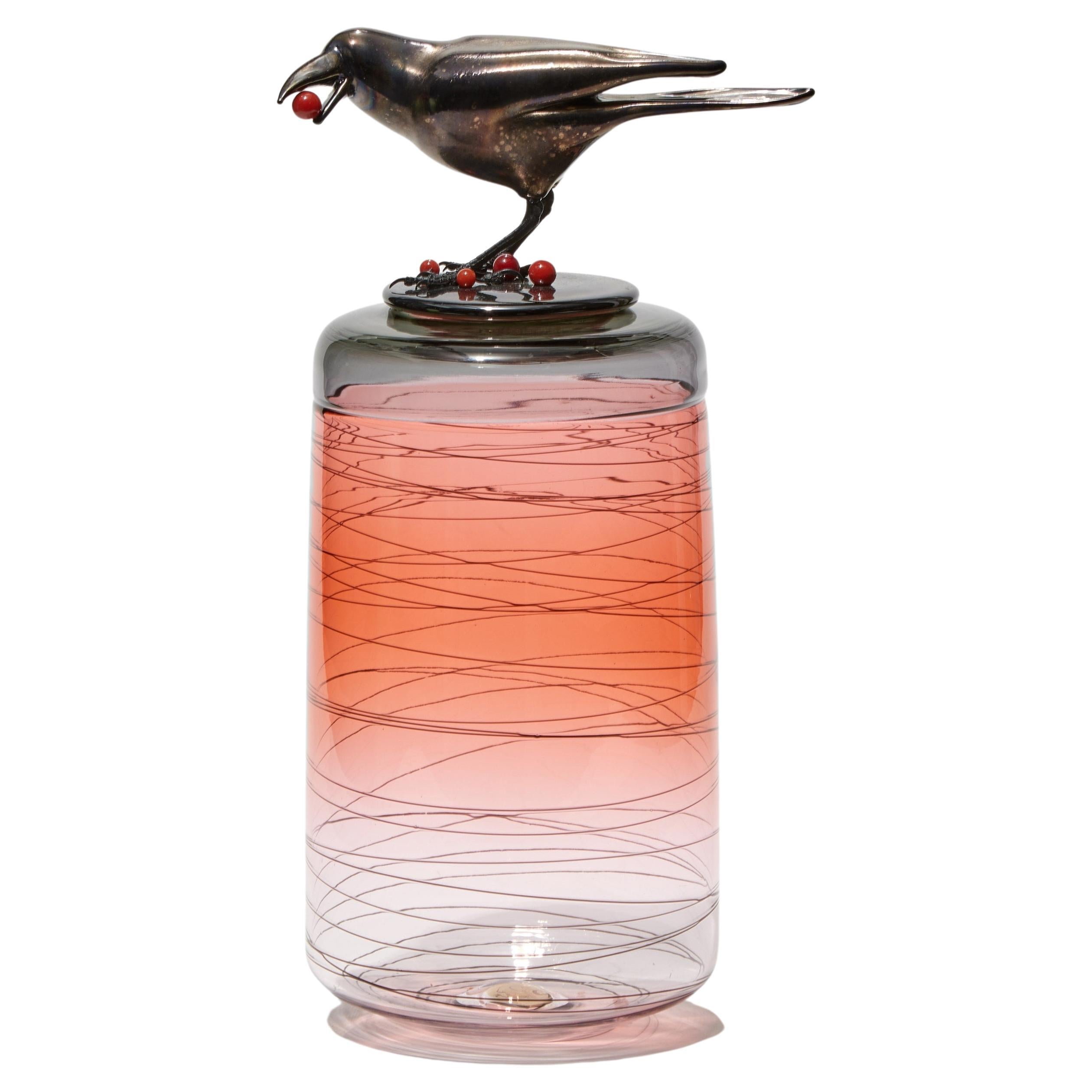 Cranberries II, a Peach Glass Sculptural Vase with Black Crow by Julie Johnson
