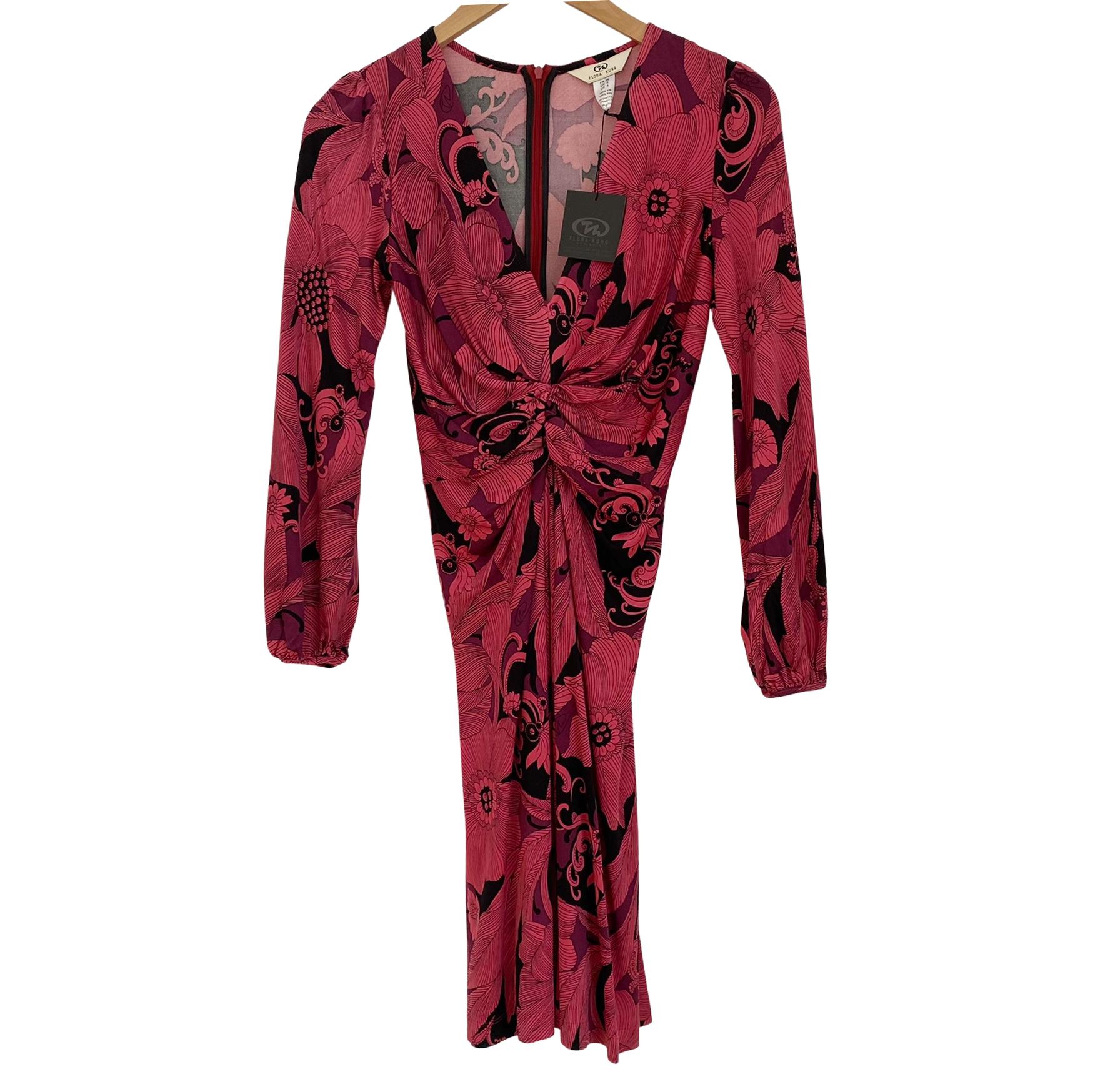 Brown Cranberry Black Etched Floral Twist Front Silk Dress - NWT FLORA KUNG For Sale