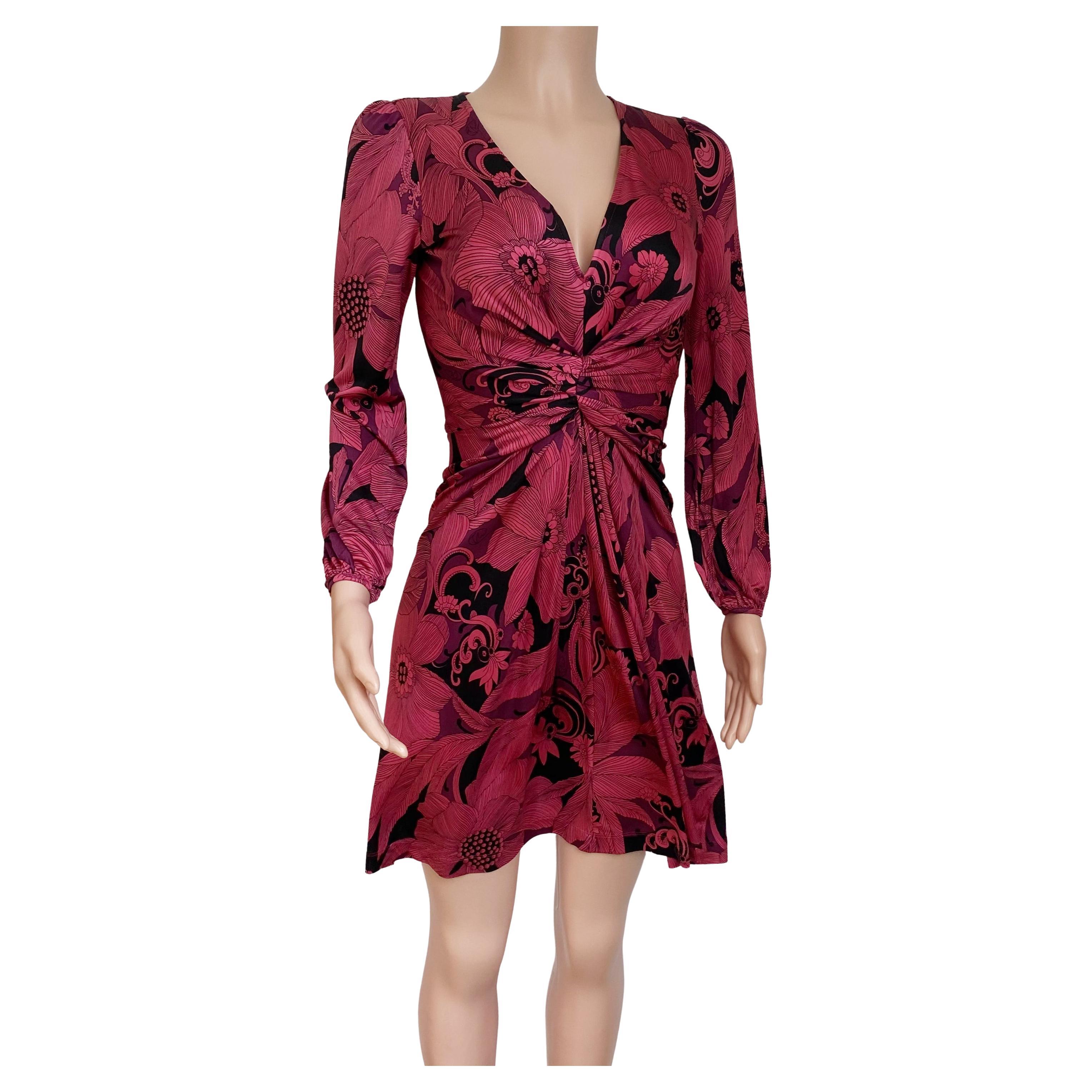 Cranberry Black Etched Floral Twist Front Silk Dress - NWT FLORA KUNG For Sale