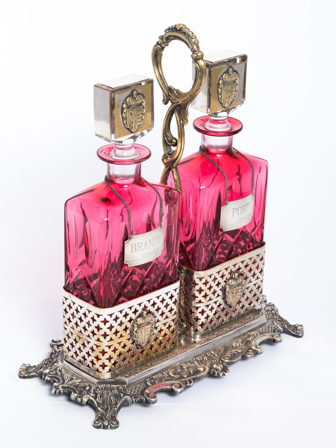 Cranberry/Cut Crystal Decanter Set English Ornate Plated Holder 8