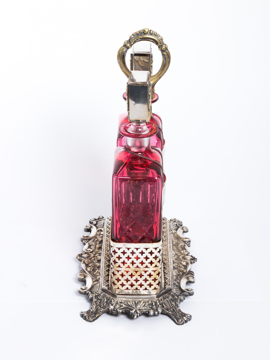 Cranberry/Cut Crystal Decanter Set English Ornate Plated Holder 9