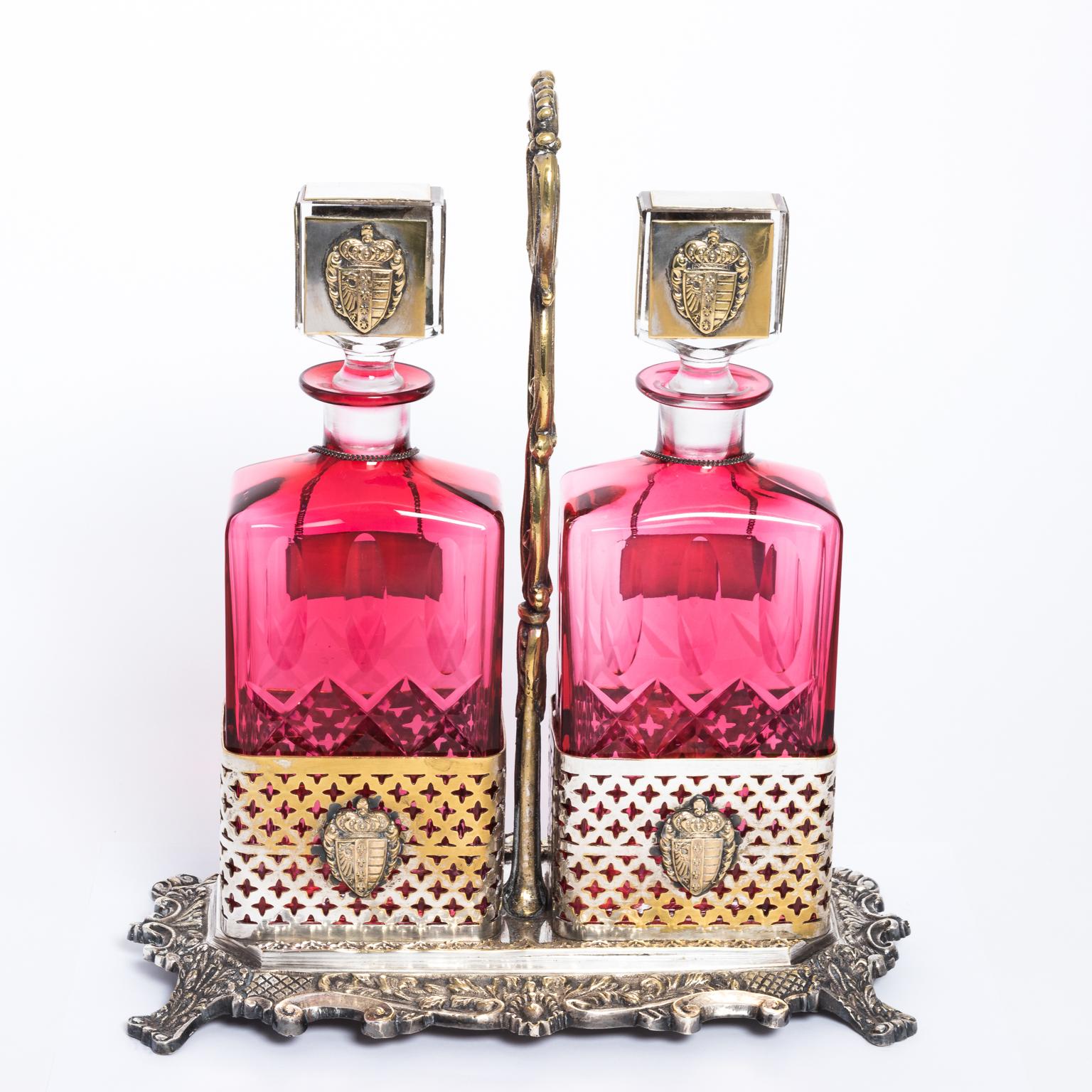 Cranberry/Cut Crystal Decanter Set English Ornate Plated Holder 10