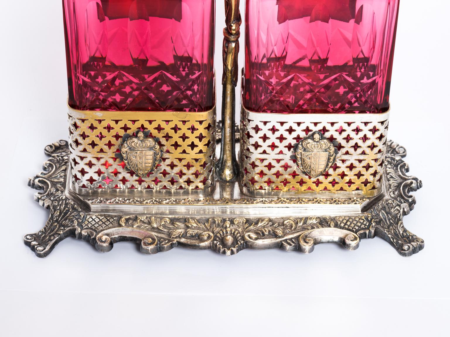 Cranberry/Cut Crystal Decanter Set English Ornate Plated Holder 11