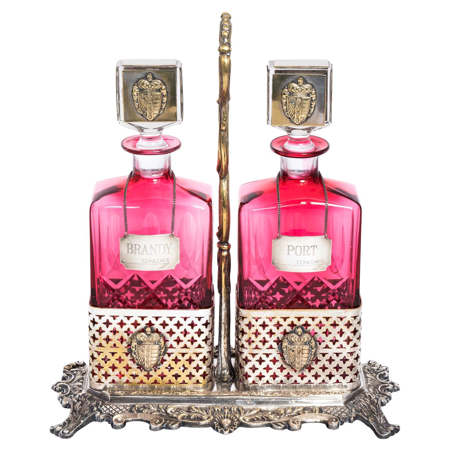 Cranberry/Cut Crystal Decanter Set English Ornate Plated Holder
