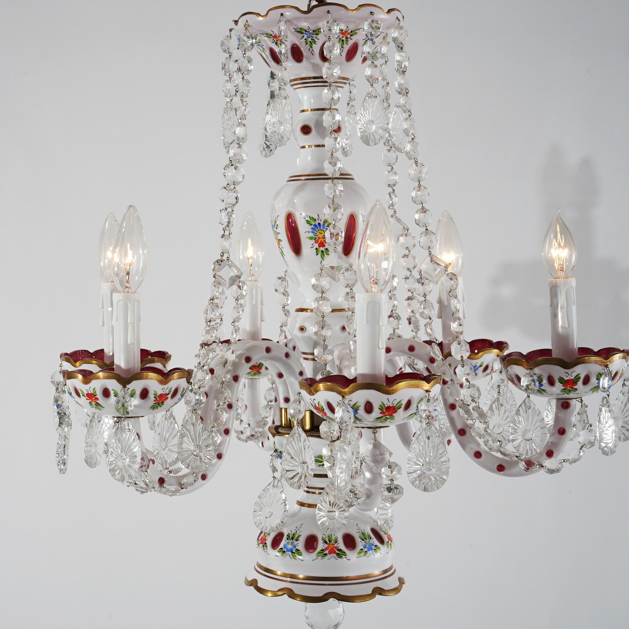 Cranberry Cut to Clear Bohemian Six-Light Crystal Chandelier 20thC For Sale 5