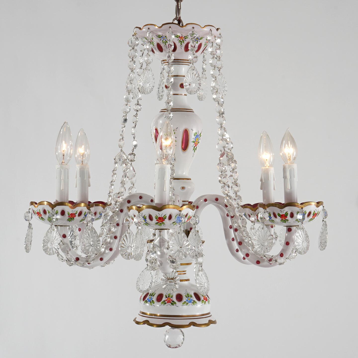 Américain Lustre de Bohème à six lumières en cristal taillé en canneberge clair 20e siècle en vente