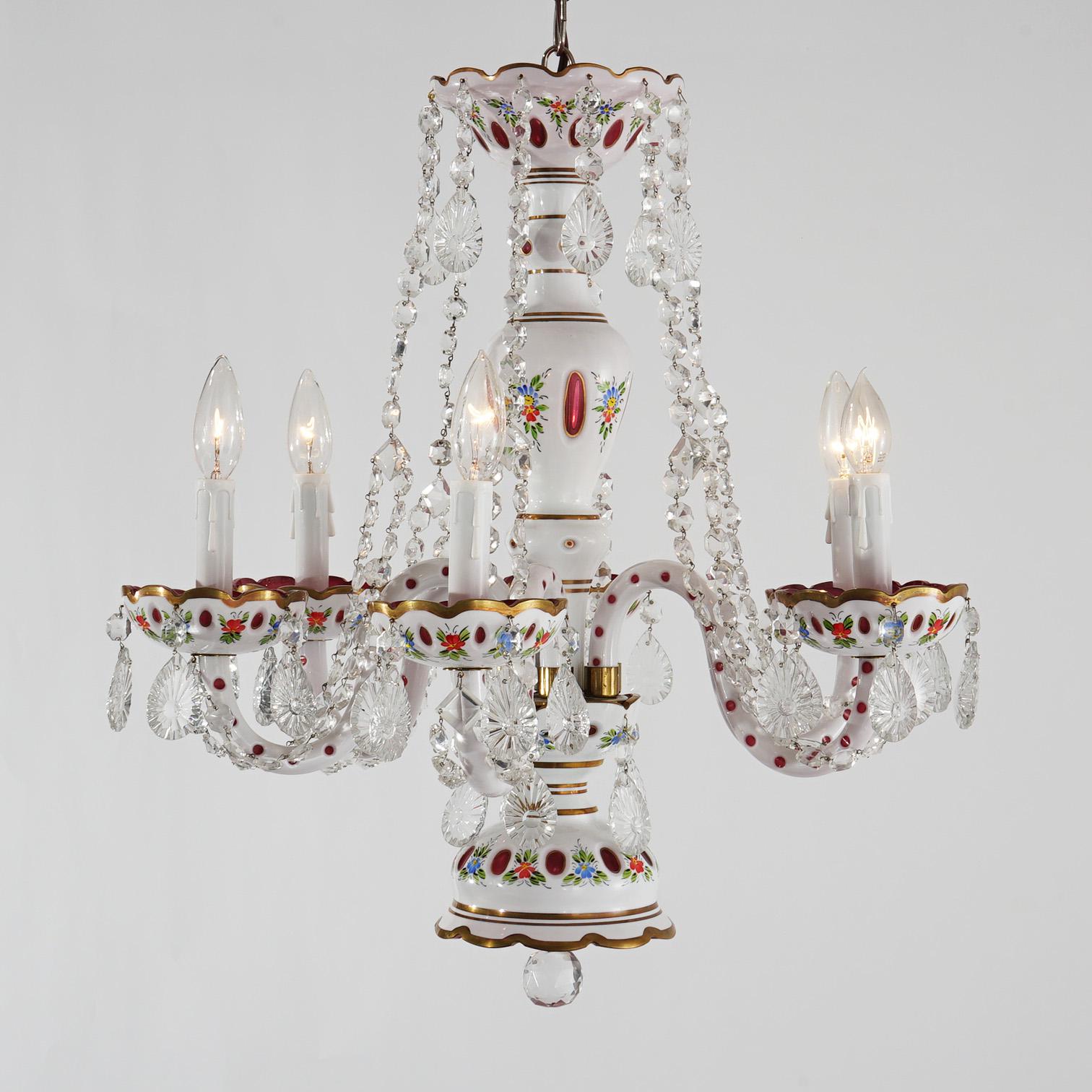 Lustre de Bohème à six lumières en cristal taillé en canneberge clair 20e siècle Bon état - En vente à Big Flats, NY