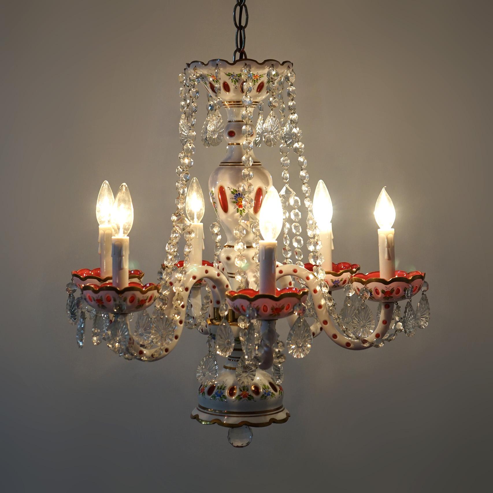Cristal Lustre de Bohème à six lumières en cristal taillé en canneberge clair 20e siècle en vente