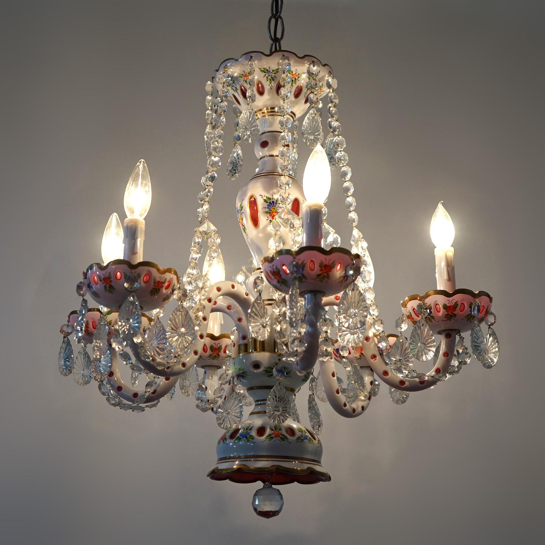 Cranberry Cut to Clear Bohemian Six-Light Crystal Chandelier 20thC For Sale 2