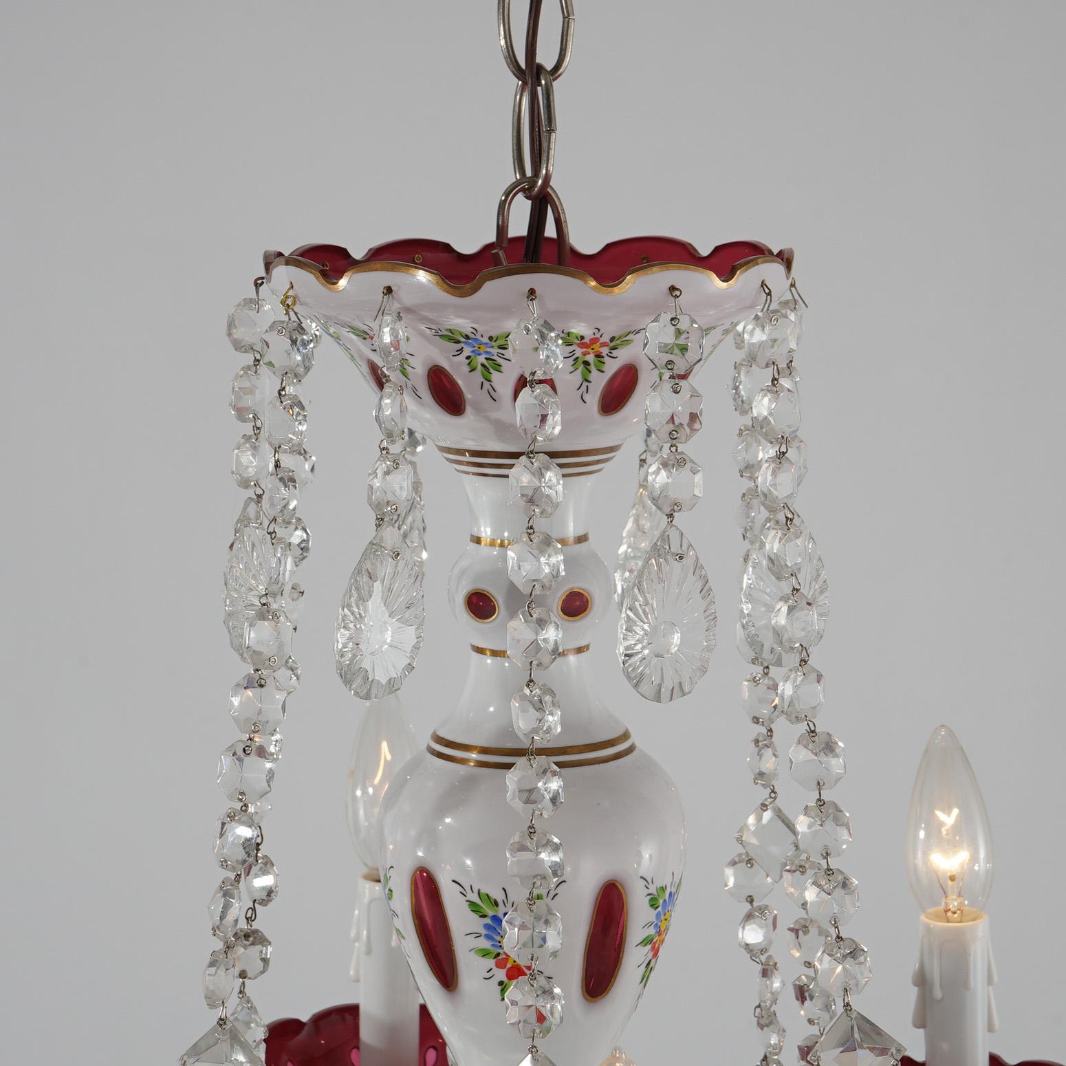 Cranberry Cut to Clear Bohemian Six-Light Crystal Chandelier 20thC For Sale 4