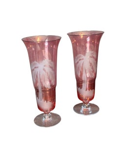 Cranberry Etched Art Glass Vases with Palm Tree Decoration