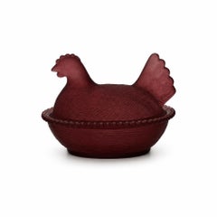 Cranberry Frosted Glass Hen-on-Nest Dish, Vintage USA Accent